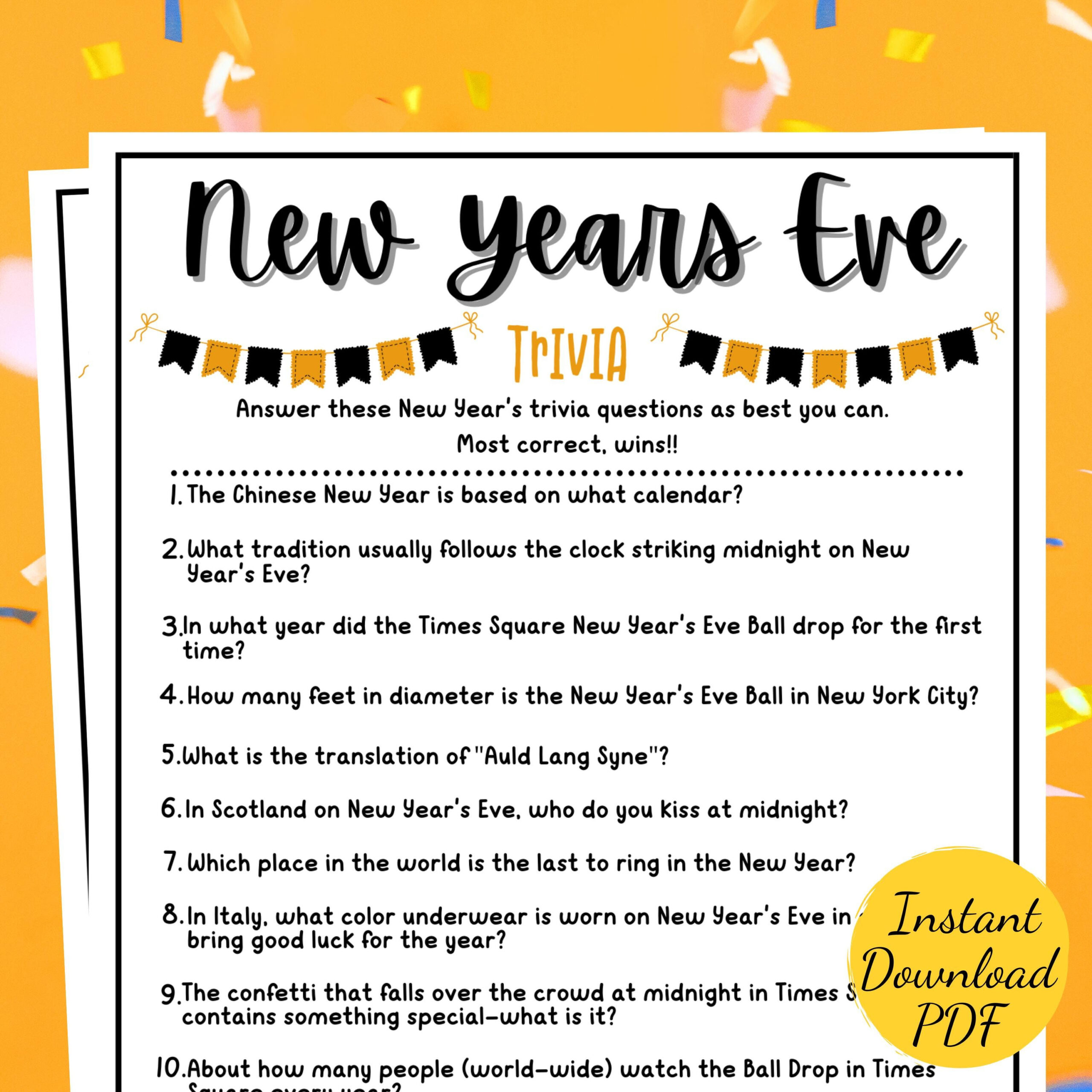 New Year&amp;#039;S Eve Trivia Game: Printable Nye Party Activity (Digital for New Year&amp;amp;#039;s Trivia Printable