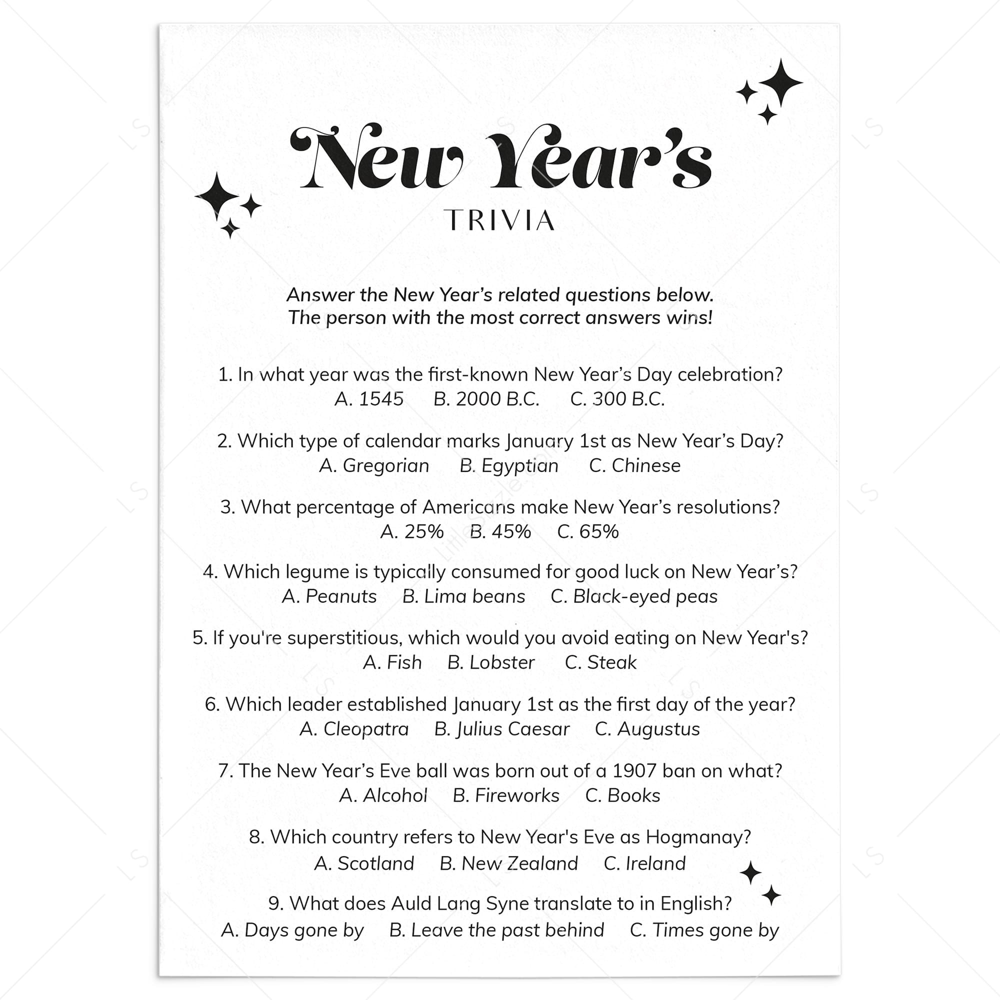 New Years Eve Trivia Questions And Answers Printable - Worksheets pertaining to New Year Trivia Questions and Answers Printable
