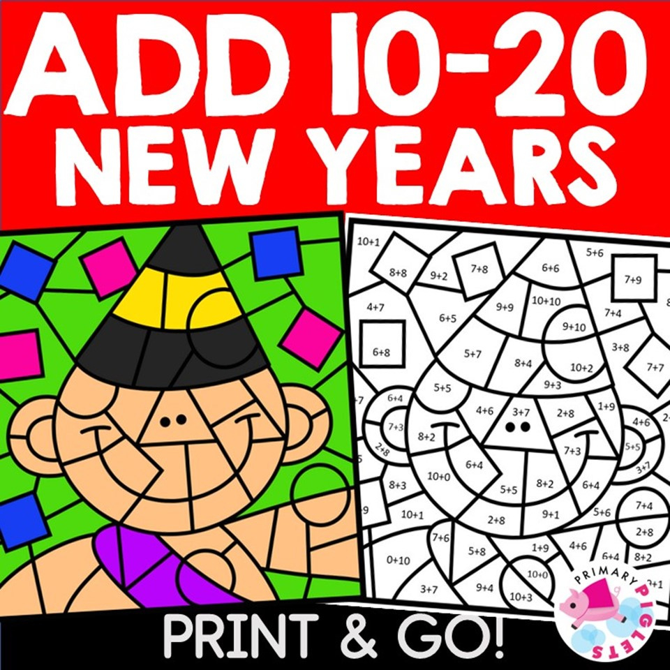 New Years Math Coloring Pages Addition Sums 10 To 20 Color in New Year Color By Number Printable