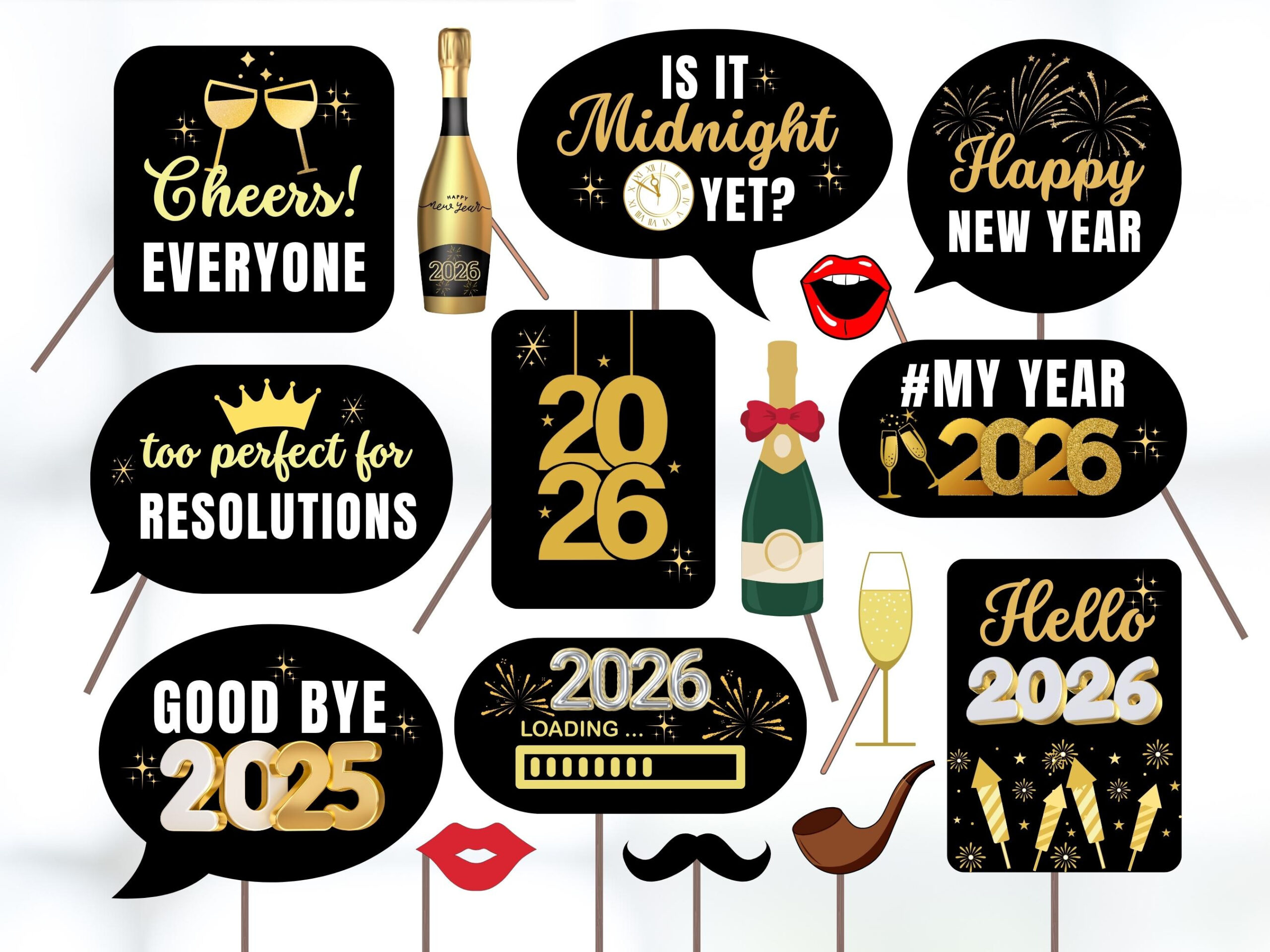 New Years Photo Booth Props Printable, New Years Party Props, New for New Year&amp;amp;#039;s Eve Photo Booth Props Printable