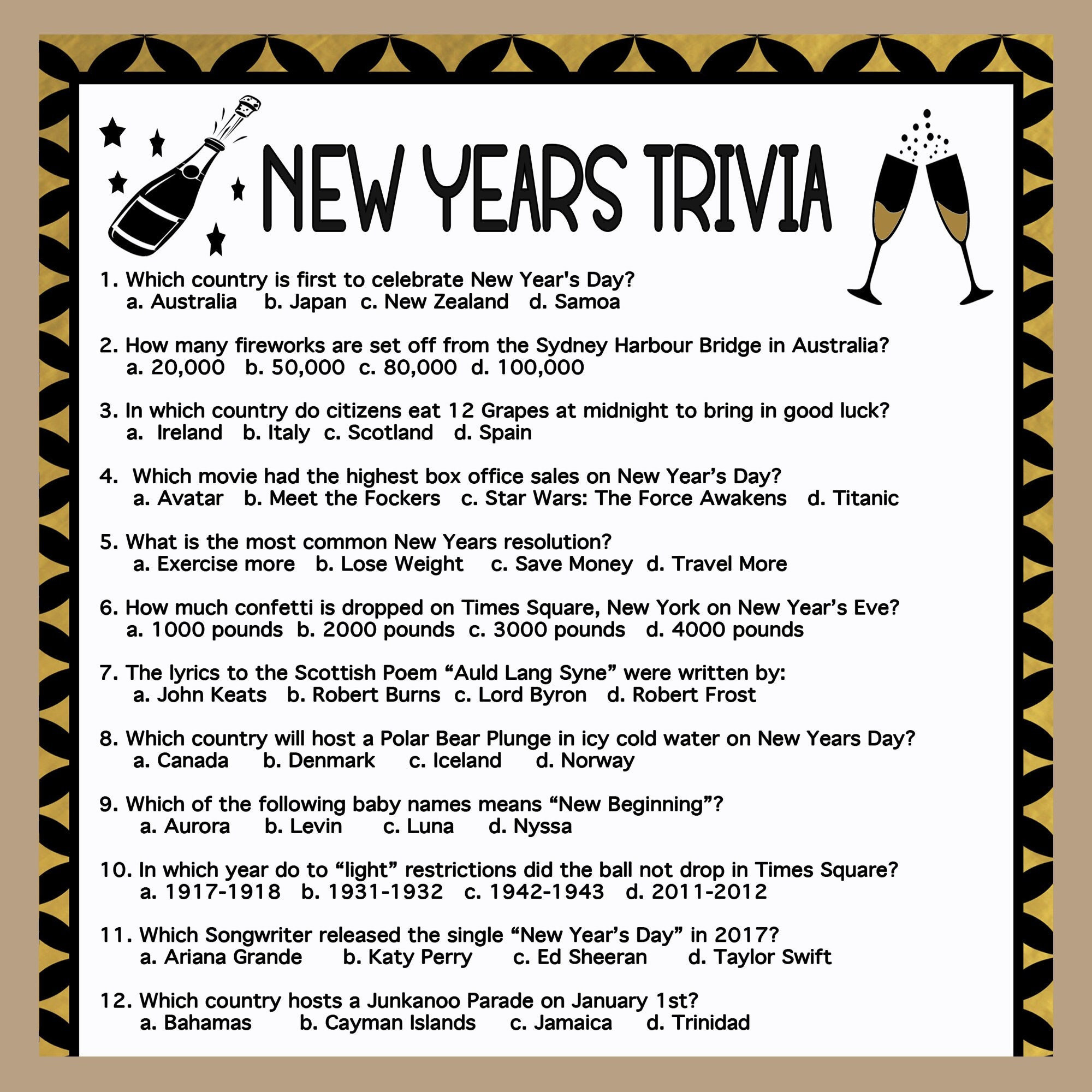 New Years Trivia Game, New Years Eve Trivia Game 2024, Printable in New Year'S Eve Trivia Printable