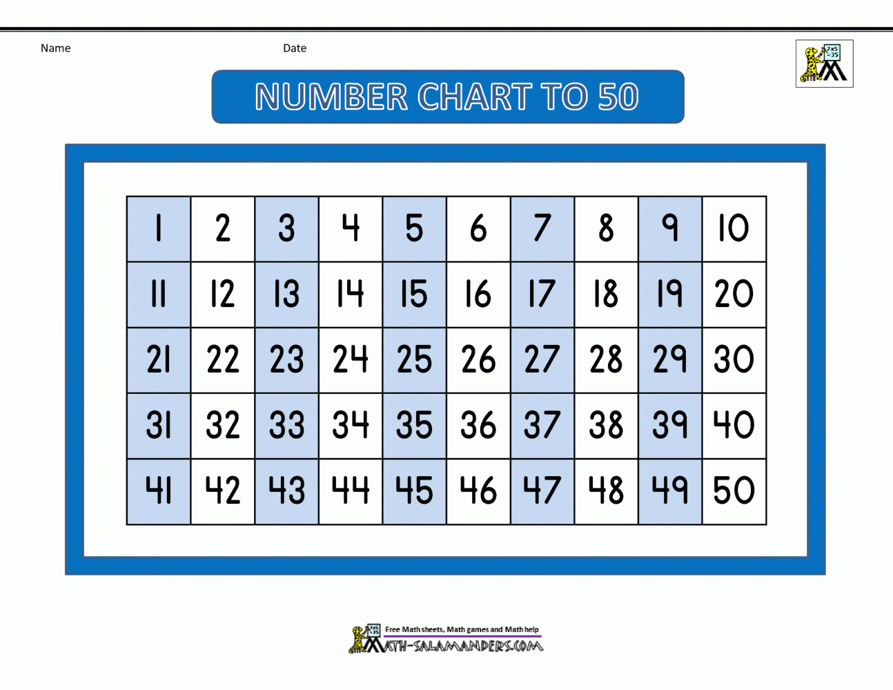 Number Chart To 50 within Free Printable Number Chart 1-50