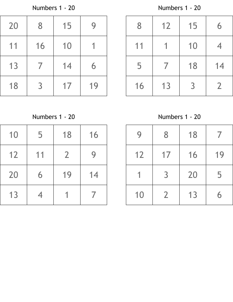 Numbers 1 - 20 Bingo Cards - Wordmint for Free Printable Number Bingo Cards 1-20