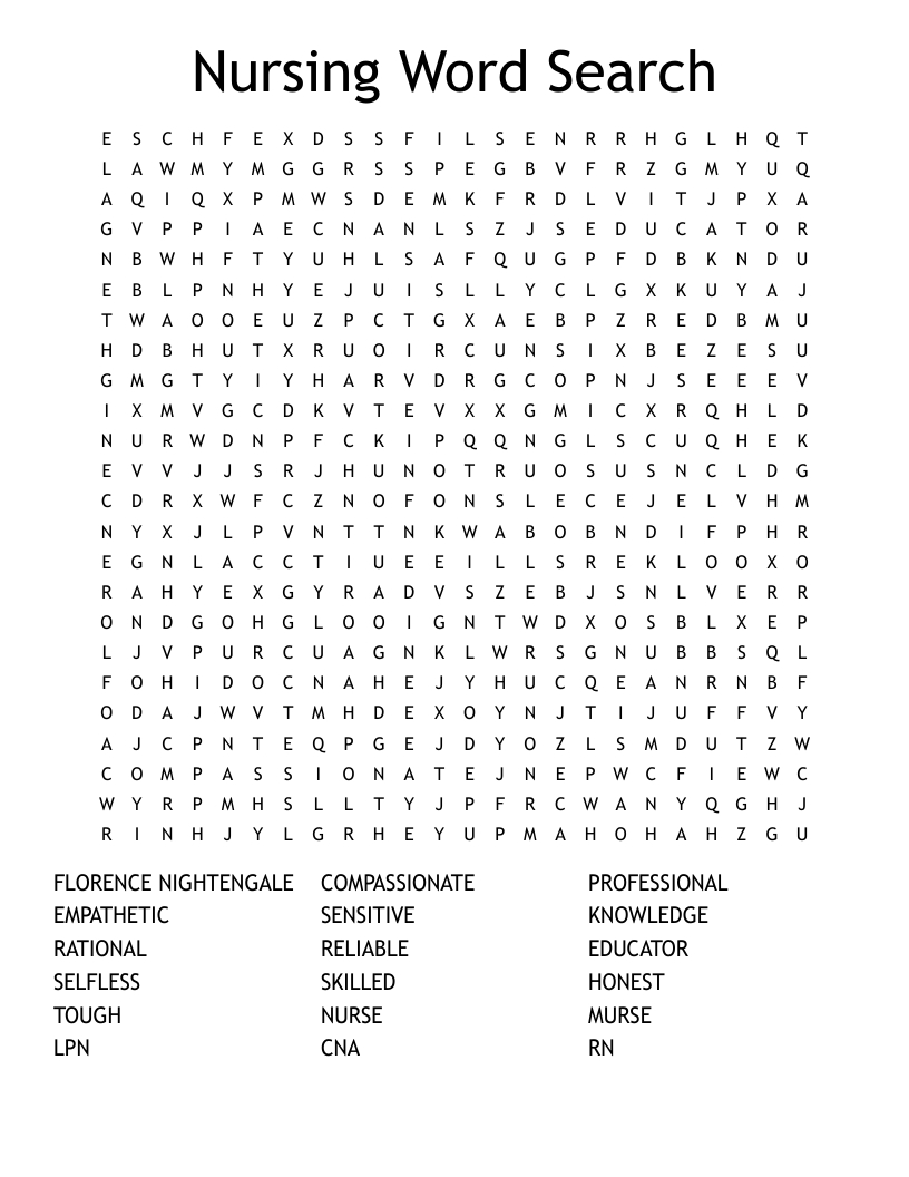 Nursing Word Search - Wordmint pertaining to Nursing Word Search Printable