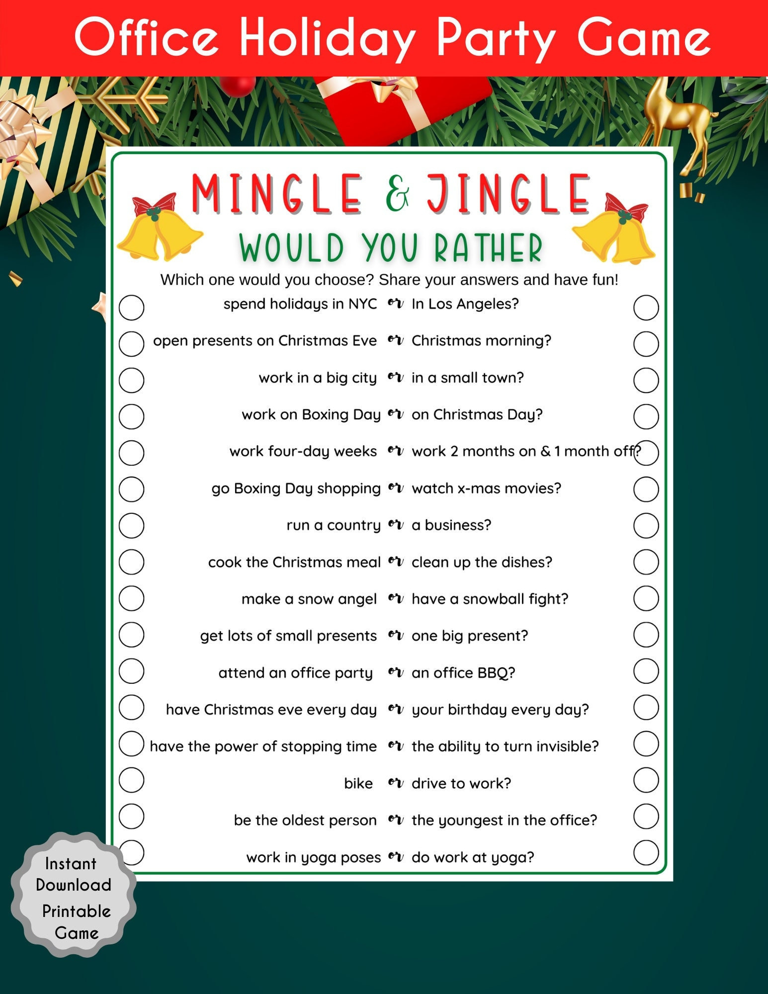 Office Holiday Party Would You Rather Game, Christmas Printable inside Work Printable Christmas Party Games