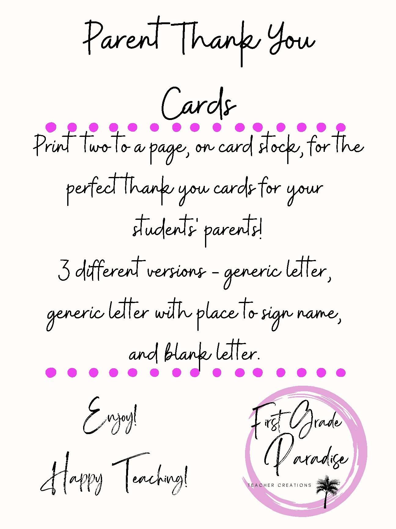 Parent Thank You Cardsfirst Grade Paradise-Teacher Creations within Thank You Cards Printable Tpt