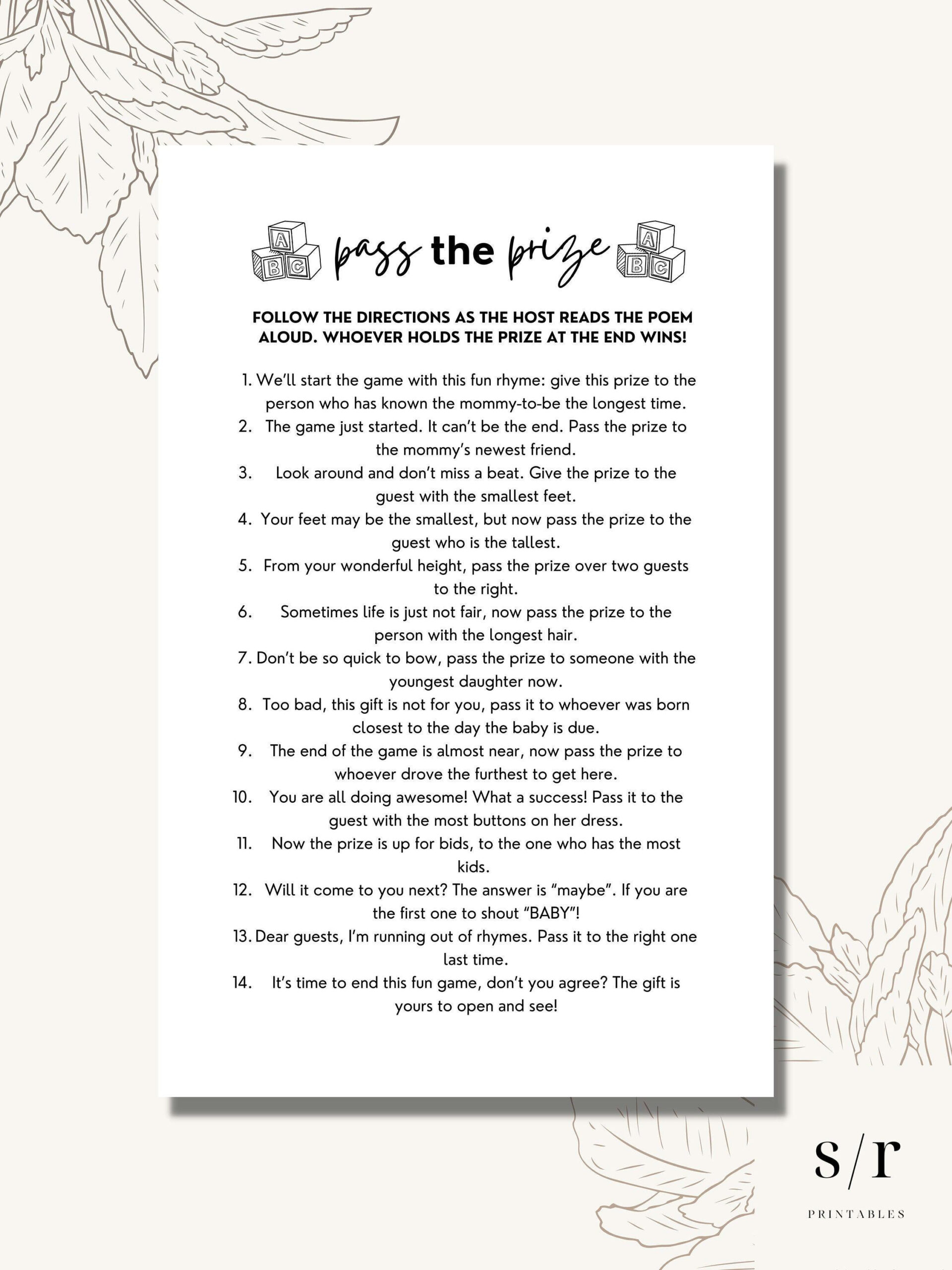 Pass The Prize Poem Game, Printable Baby Shower Games, Minimalist pertaining to Pass the Prize Baby Shower Game Free Printable