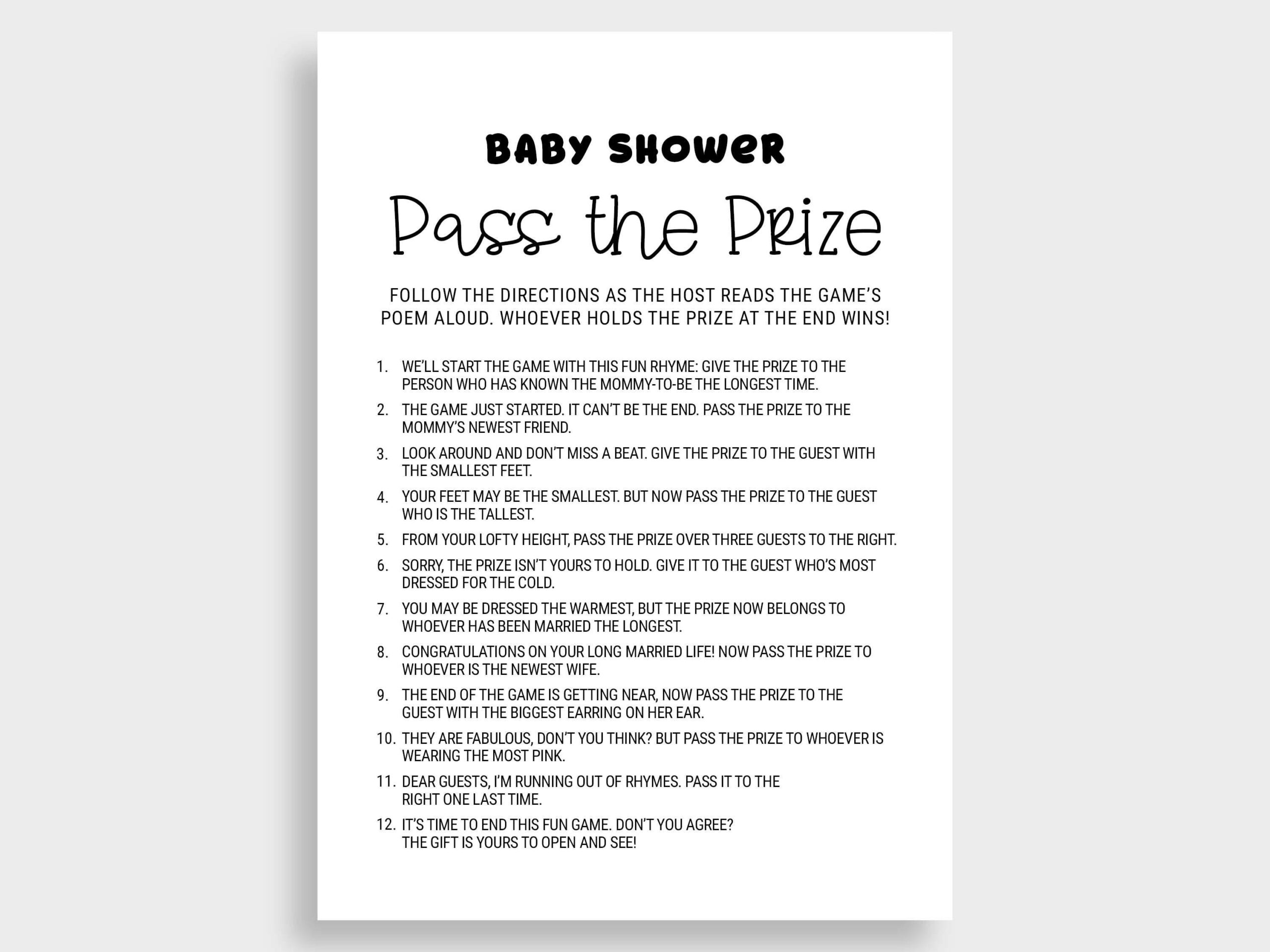 Pass The Prize Rhyme Game Baby Shower Games Cards Pass The Gift throughout Pass the Prize Baby Shower Game Free Printable