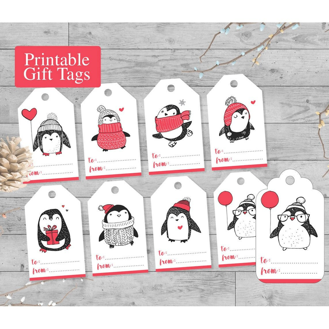 Penguin Printable Gift Tags, Set Of 8 Diy Hipster Penguin Tags Red for Penguin Gift Tags Printable