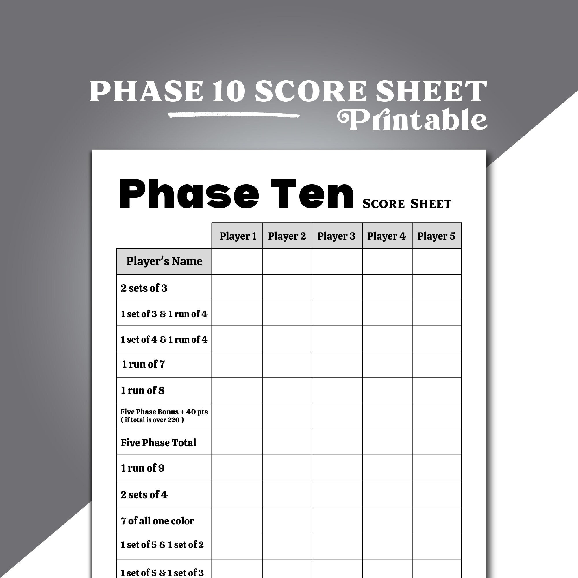 Phase 10 Score Board Phase 10 Card Game Score Sheet, Phase 10 throughout Free Printable Phase 10 Card Game Score Sheet
