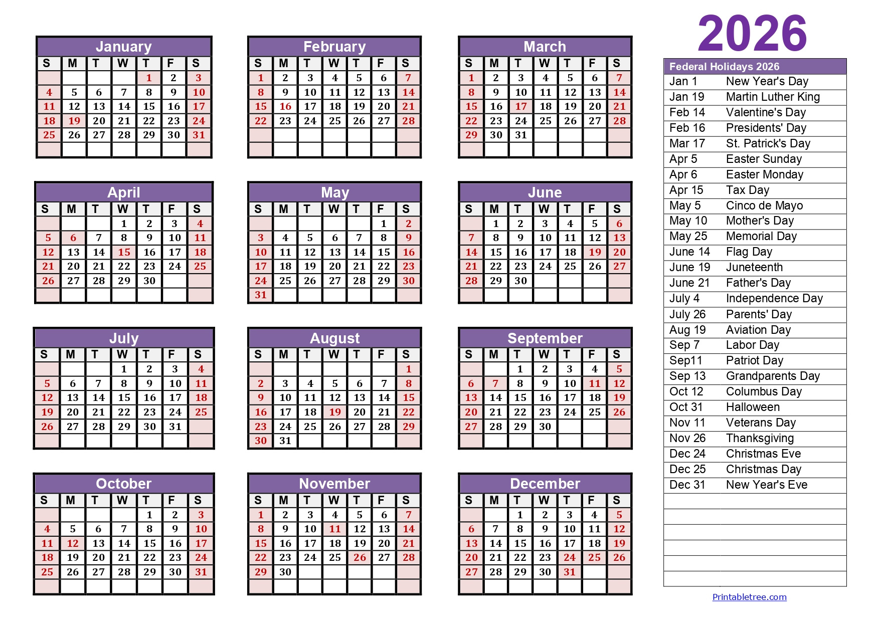 Printable Calendar 2026 One Page With Holidays (Single Page) 2026 inside New Year Calendar 2026 Printable