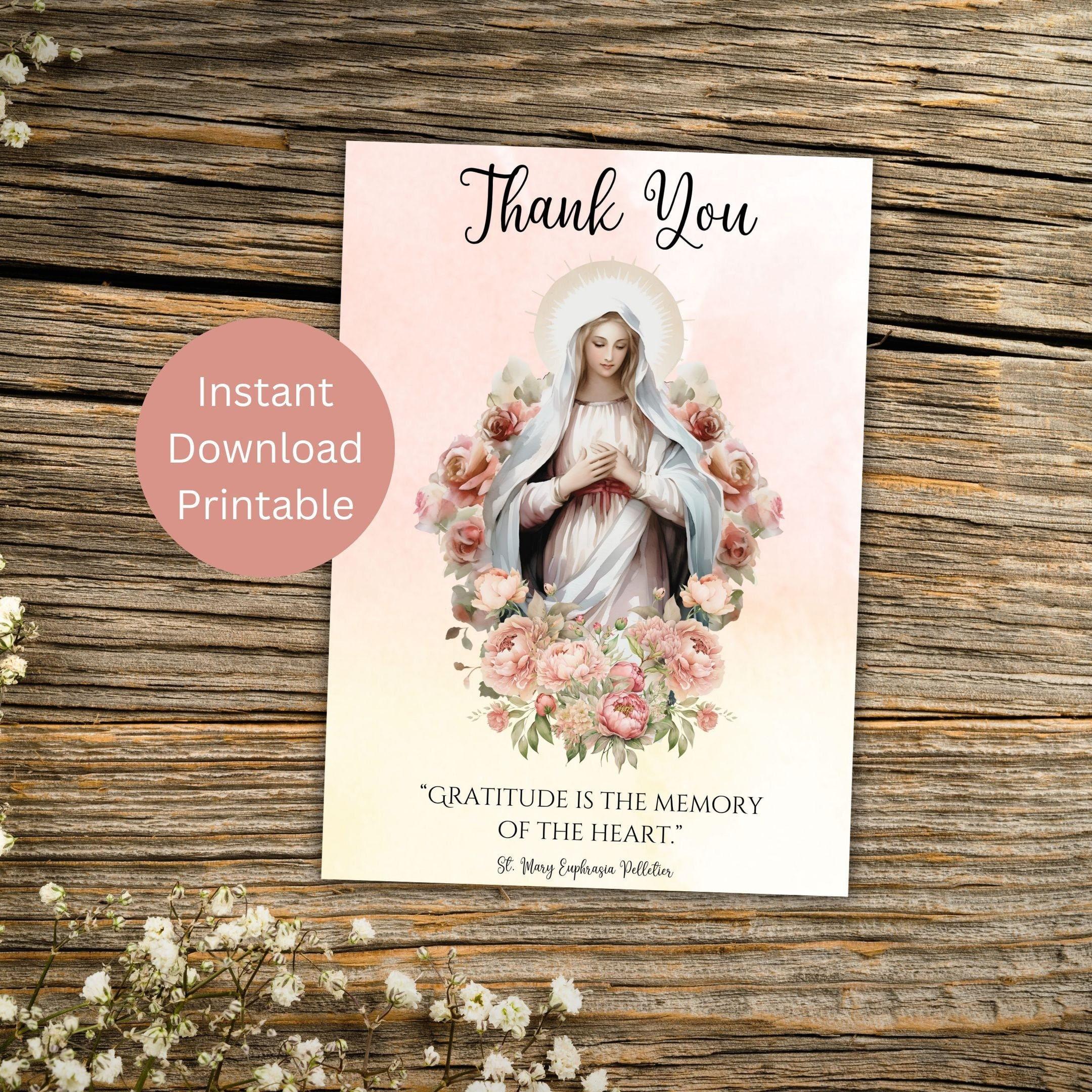 Printable Catholic Thank You Card, Virgin Mary Card, Saint Quote in Religious Thank You Cards Printable