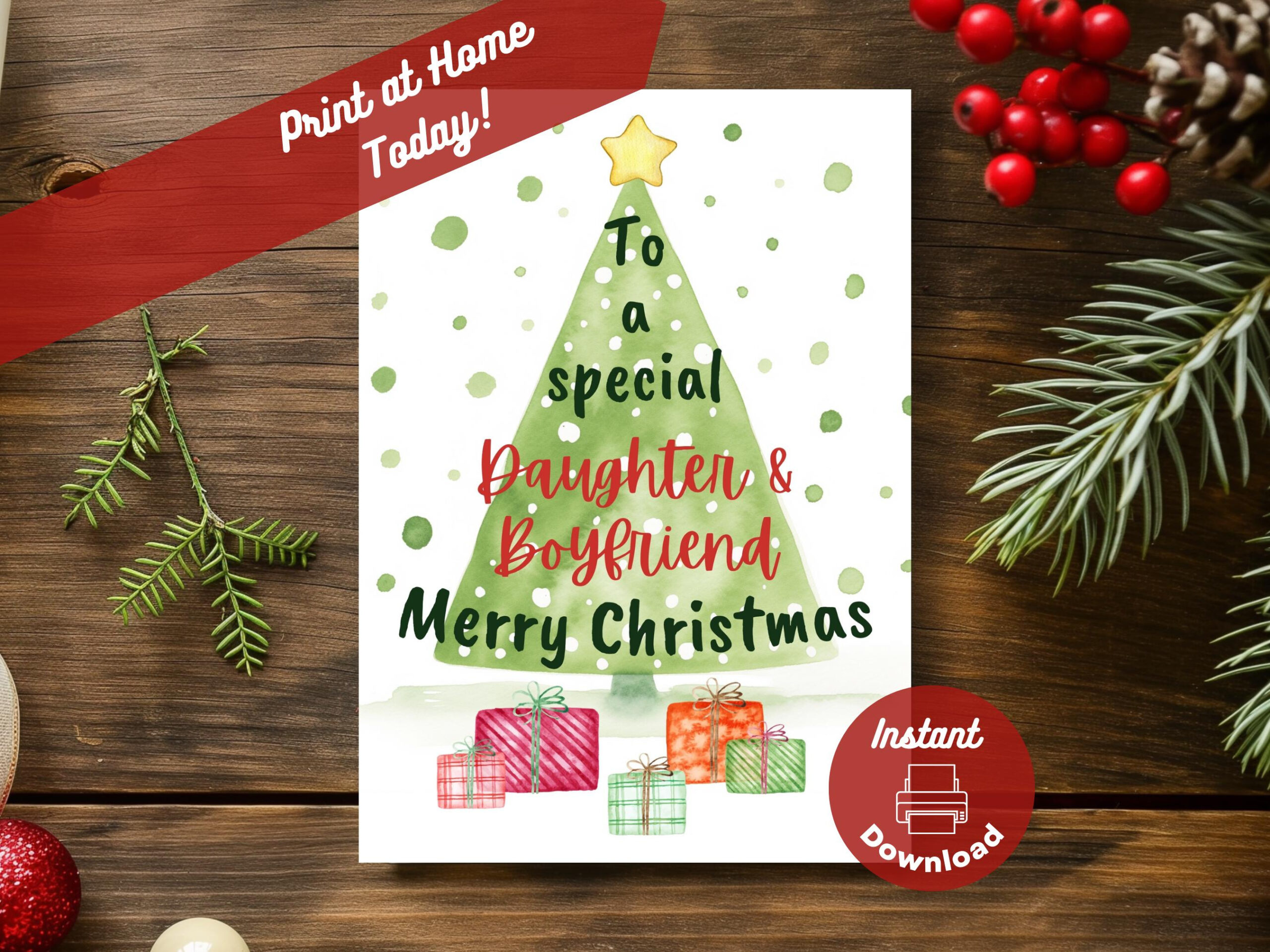 Printable Christmas Card For Daughter + Boyfriend, Instant Digital with regard to Printable Christmas Card For Daughter