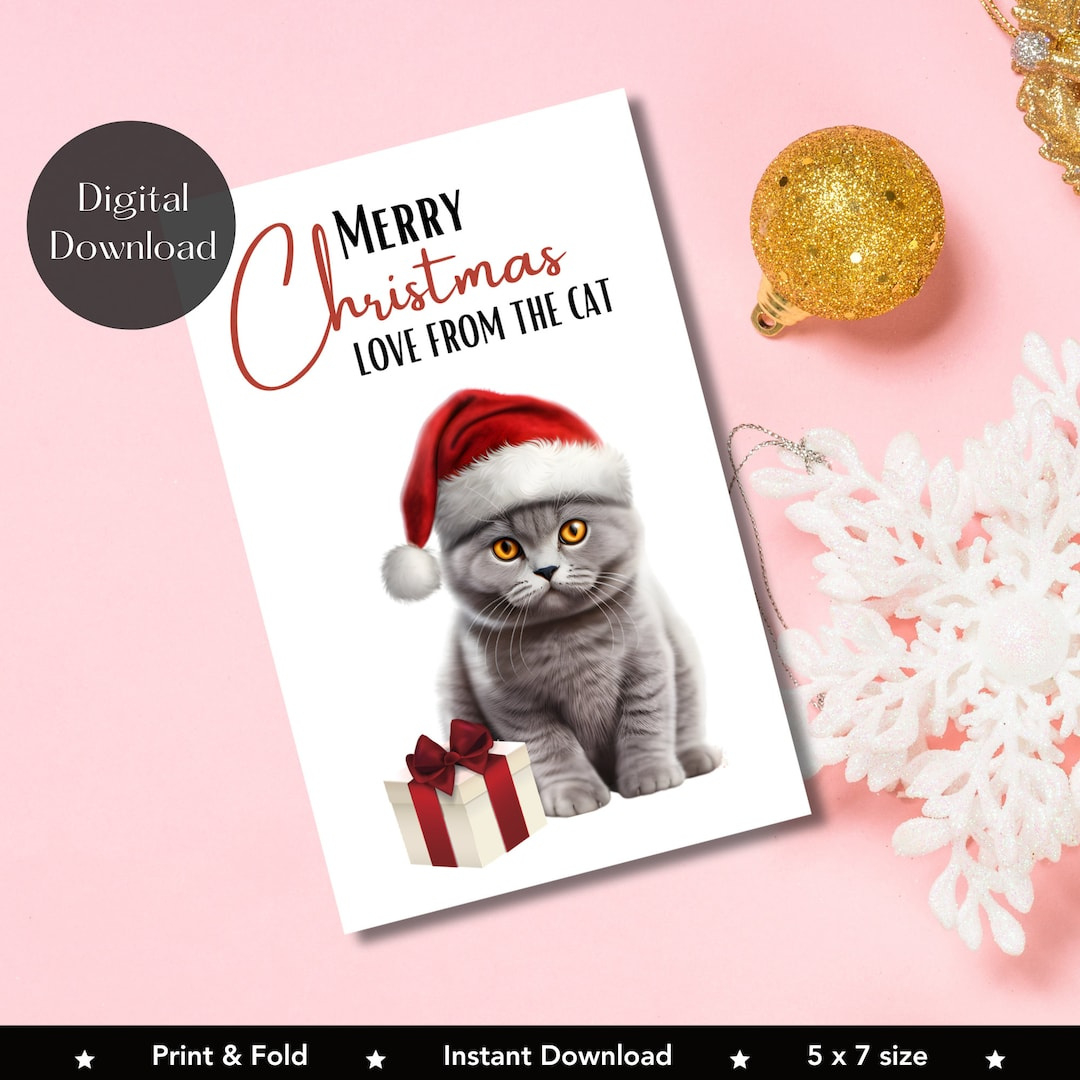 Printable Christmas Card From The Cat, Cat Greetings Card, Print pertaining to Printable Cat Christmas Card Digital Download