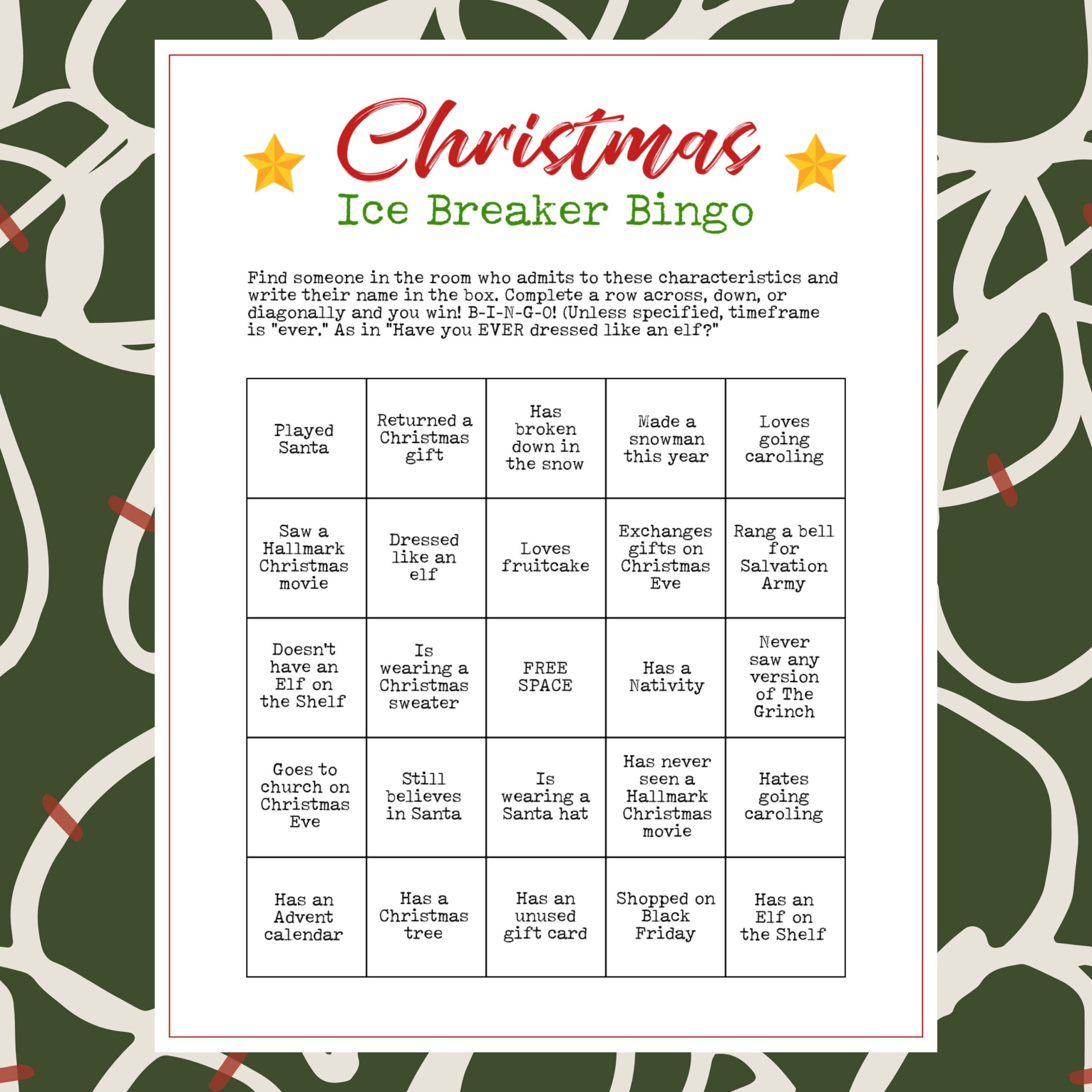 Printable Christmas Party Ice Breaker Game Human Bingo Cards Get intended for Christmas Party Bingo Printable