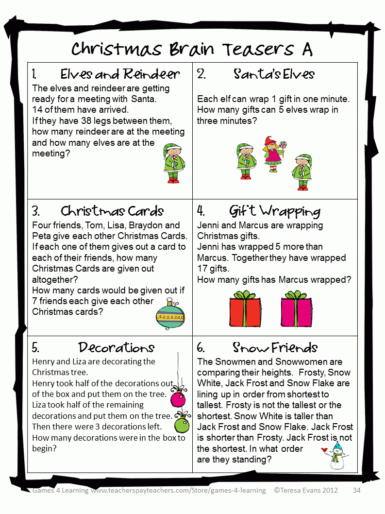 Printable Christmas Riddles For Adults in Christmas Brain Teasers Printable With Answers