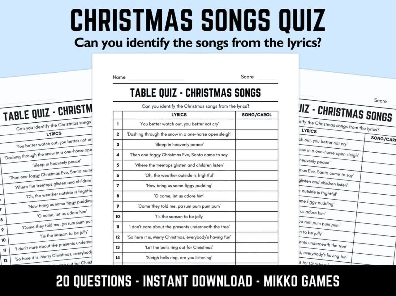 Printable Christmas Songs Table Quiz With Answers: Downloadable Pub Quiz  Sheets, Trivia Questions, Fun Ready Made Xmas Music Quiz inside Christmas Music Quiz Questions And Answers Printable