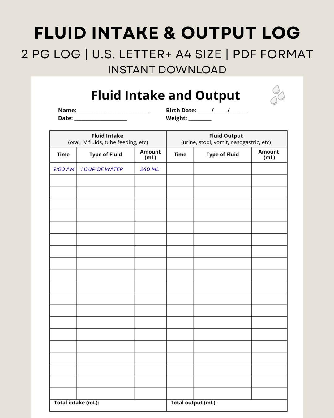 Printable Fluid Intake And Output Log, Intake And Output Record pertaining to Intake And Output Chart Printable