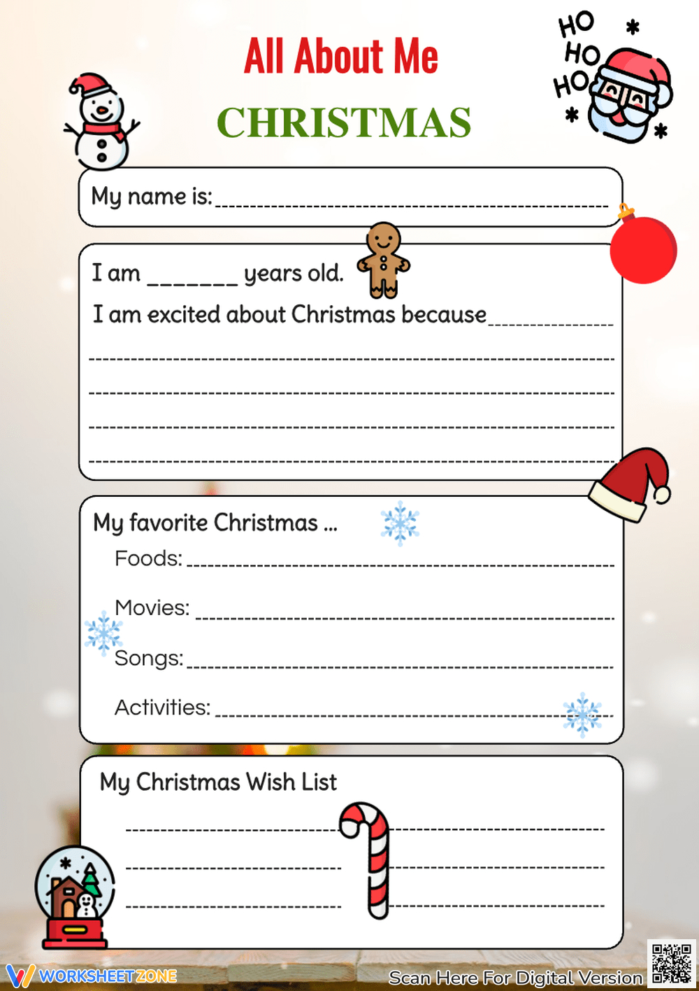 Printable Grade 3 Christmas Writing Worksheets regarding All About Me Christmas Worksheet