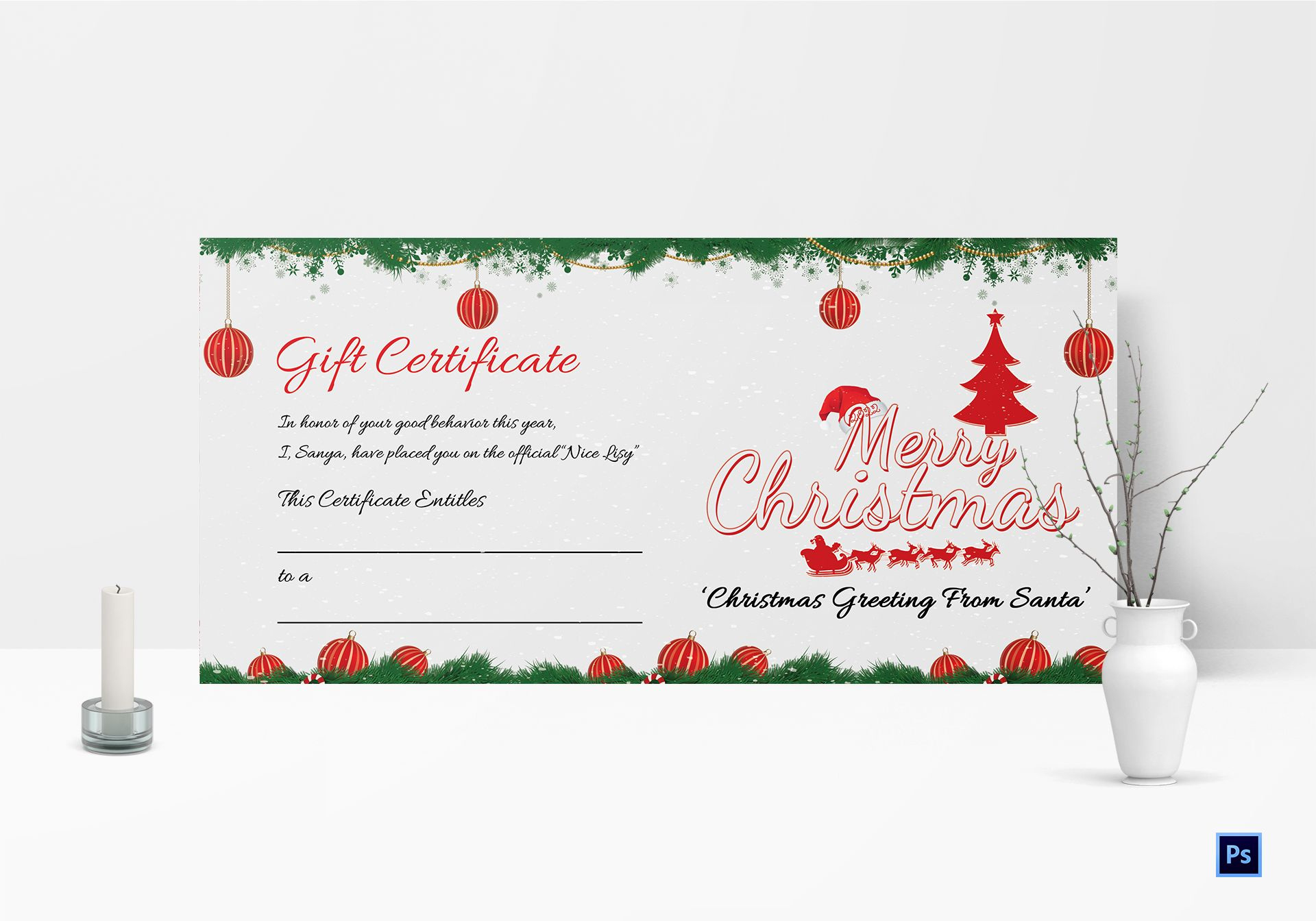 Printable Merry Christmas Gift Certificate Template In Adobe Photoshop in Printable Gift Vouchers For Christmas