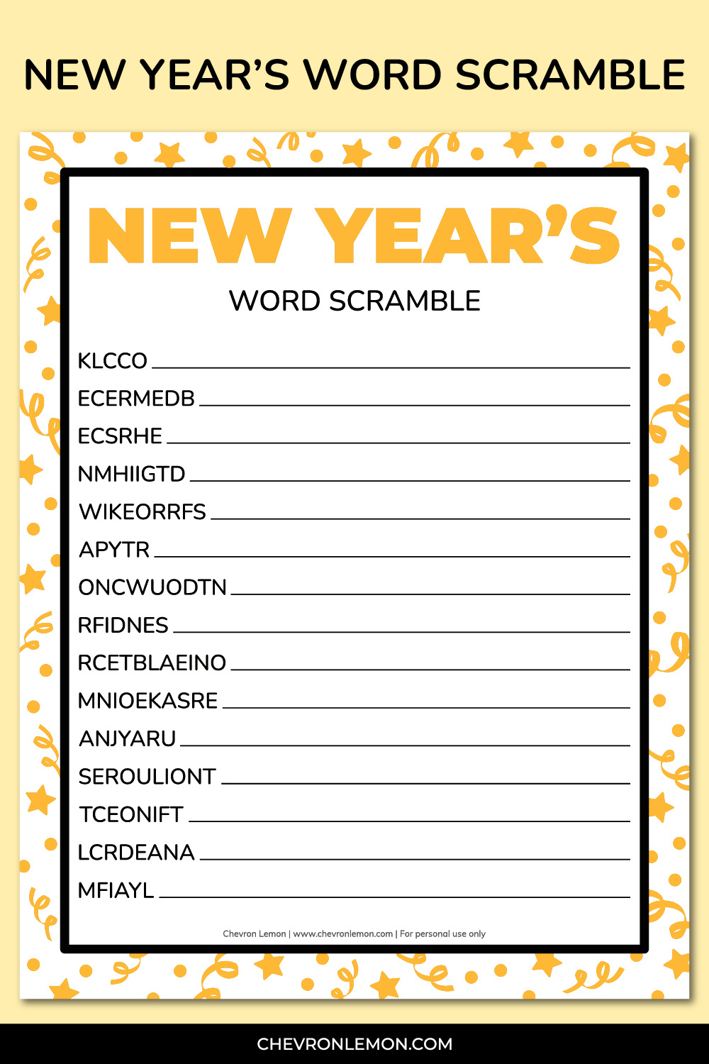 Printable New Year'S Word Scramble - Chevron Lemon for New Years Word Scramble Free Printable