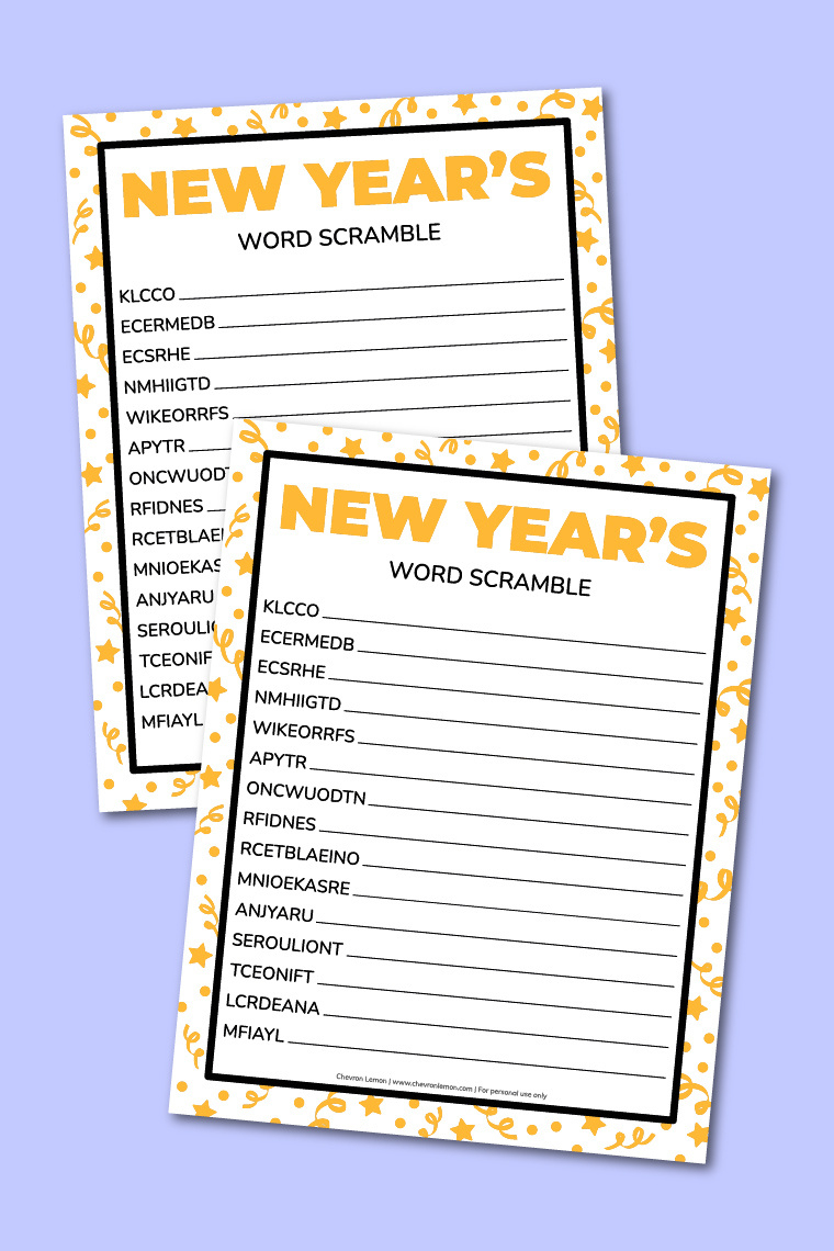 Printable New Year'S Word Scramble - Chevron Lemon throughout New Years Word Scramble Free Printable