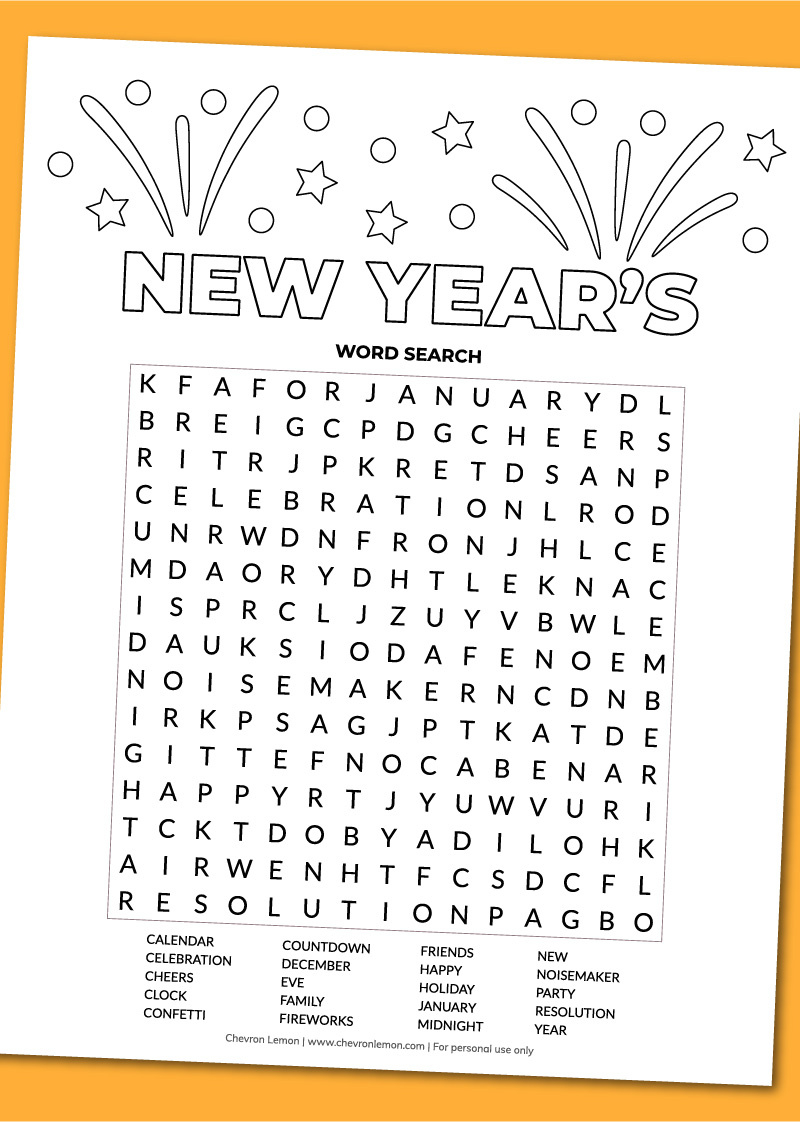 Printable New Year&amp;#039;S Word Search - Chevron Lemon in Free Printable New Years Eve Word Search