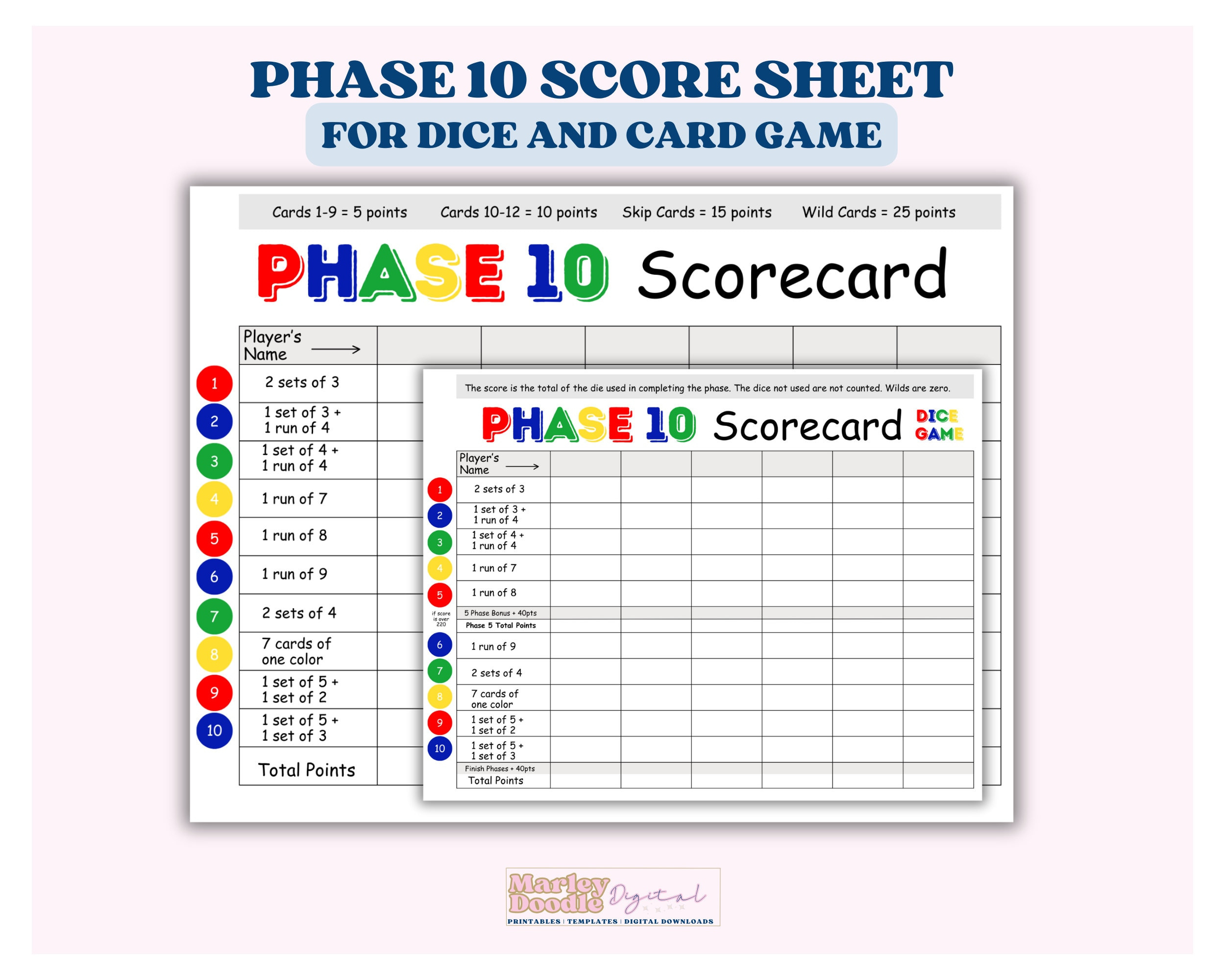 Printable Phase 10 Score Sheets: Card & Dice Game (Pdf) - Etsy pertaining to Free Printable Phase 10 Card Game Score Sheet