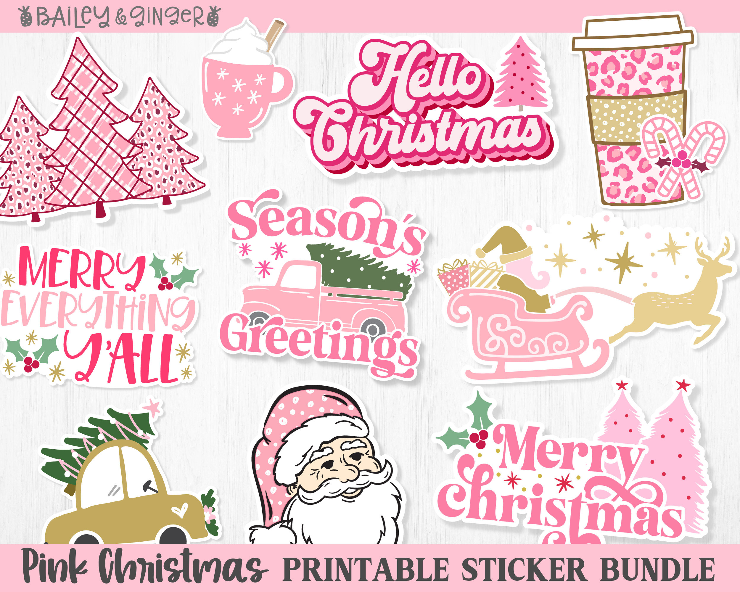 Printable Pink Christmas Sticker Bundle - Digital Png Stickers pertaining to Christmas Card Stickers Printable