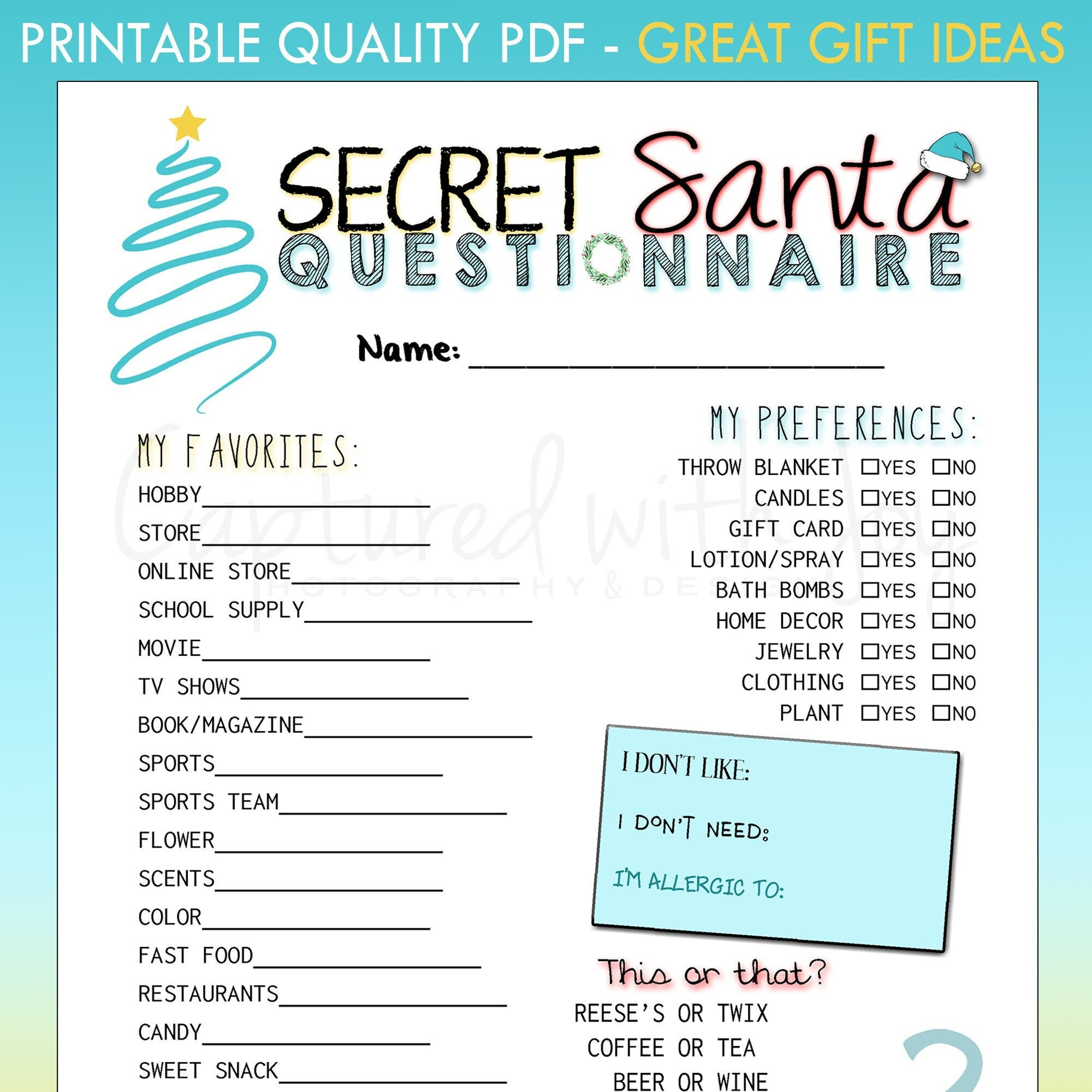 Printable Secret Santa Questionnaire For Gift Exchange (Work Or with Christmas Gift Exchange Form Printable