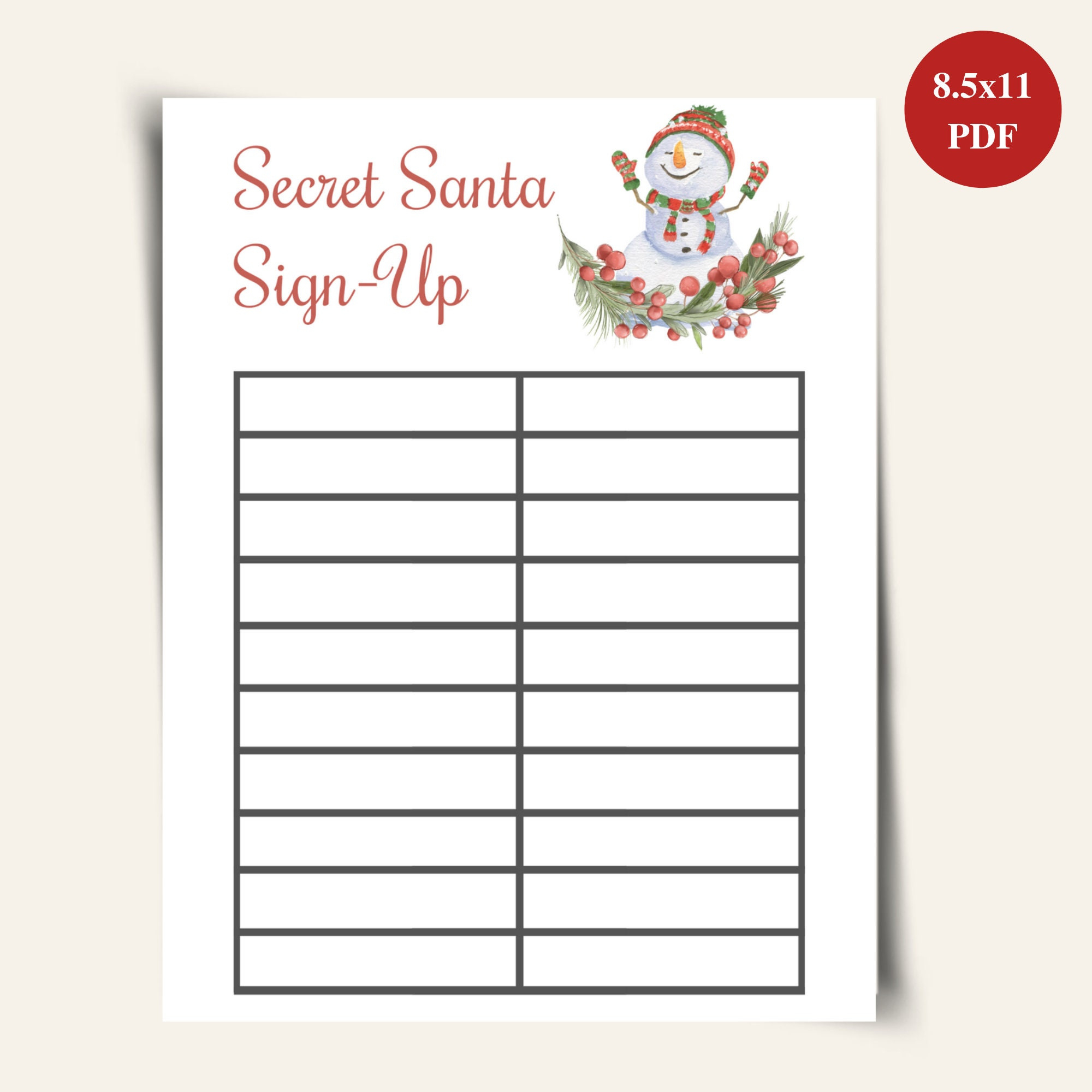 Printable Secret Santa Sign Up Sheet: Download - Etsy in Christmas Gift Exchange Sign Up Sheet Template