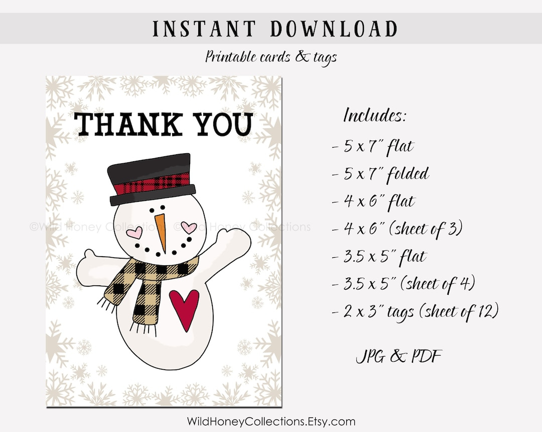 Printable Snowman Thank You Card &amp;amp; Tags: Winter Design (Digital with Winter Thank You Cards Printable
