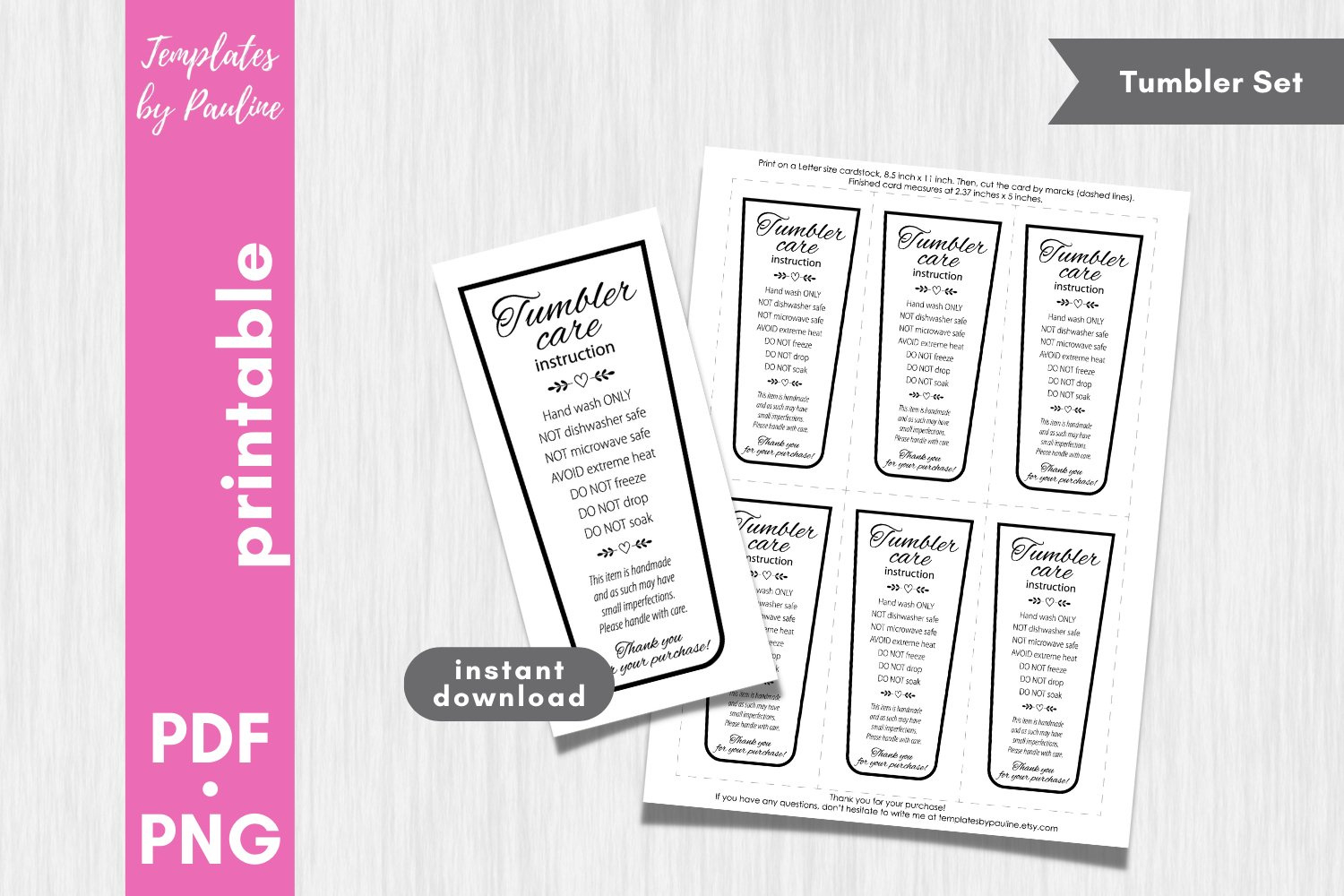 Printable Sublimation Tumbler Care Card. Hand Wash Only Tag. in Free Printable Tumbler Care Instructions