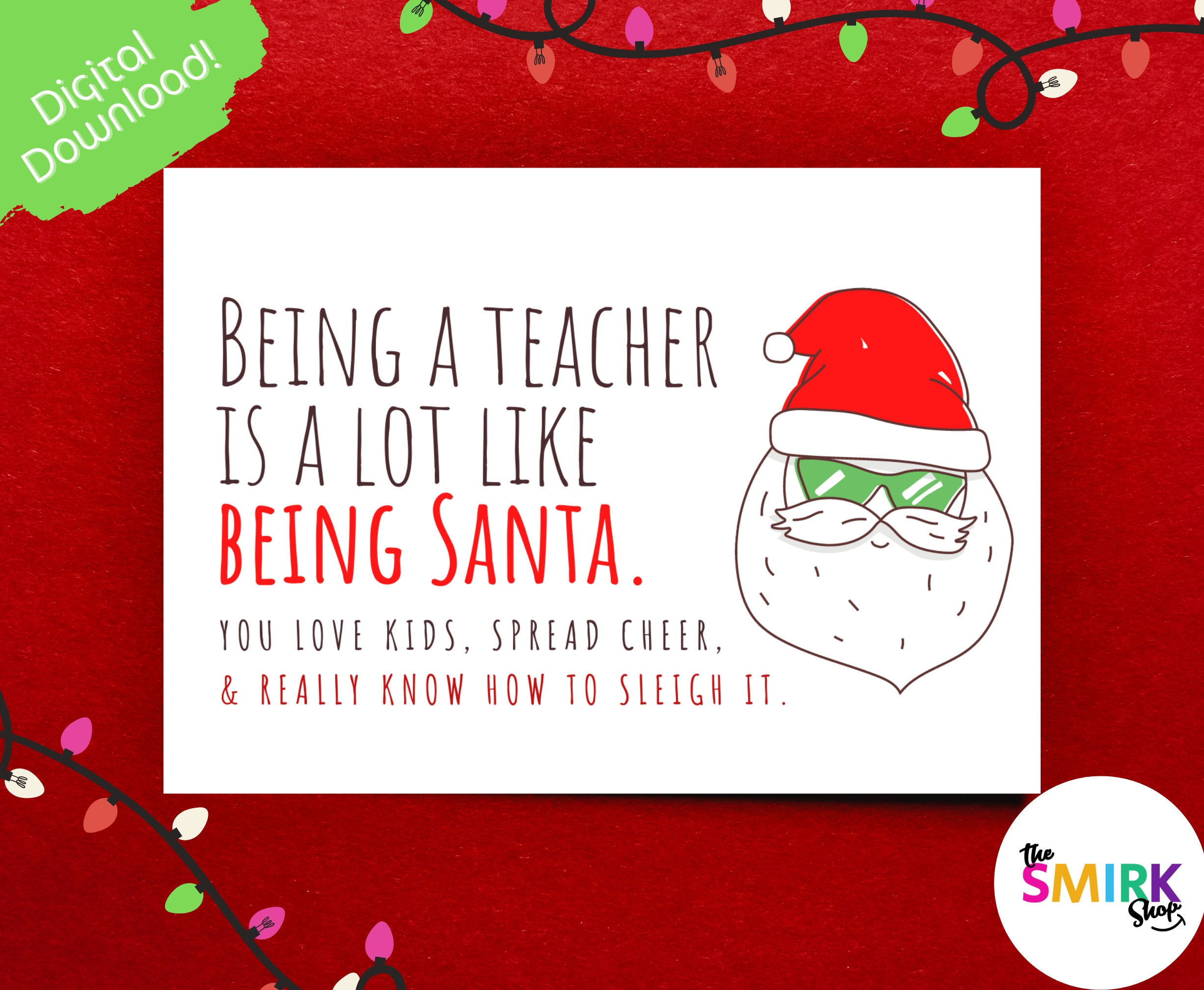Printable Teacher Christmas Card: Santa Design (Digital Download intended for Printable Christmas Card For Teacher