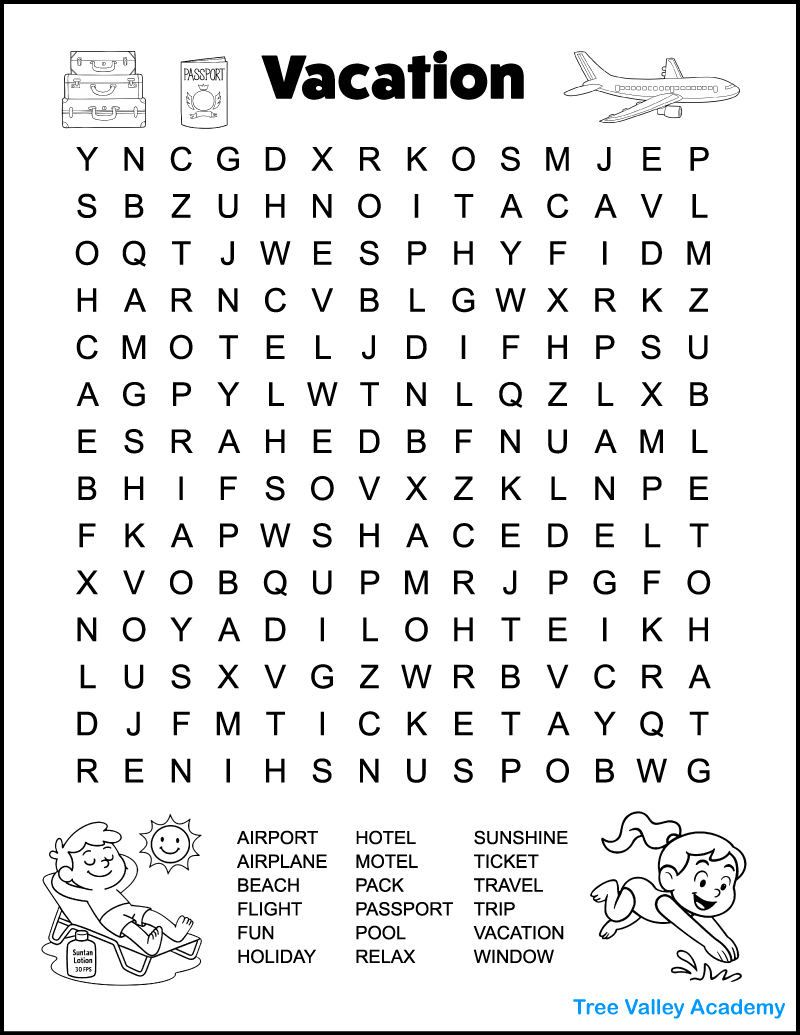 Printable Vacation Word Search For Kids - Tree Valley Academy inside Free Printable Places Please Puzzles