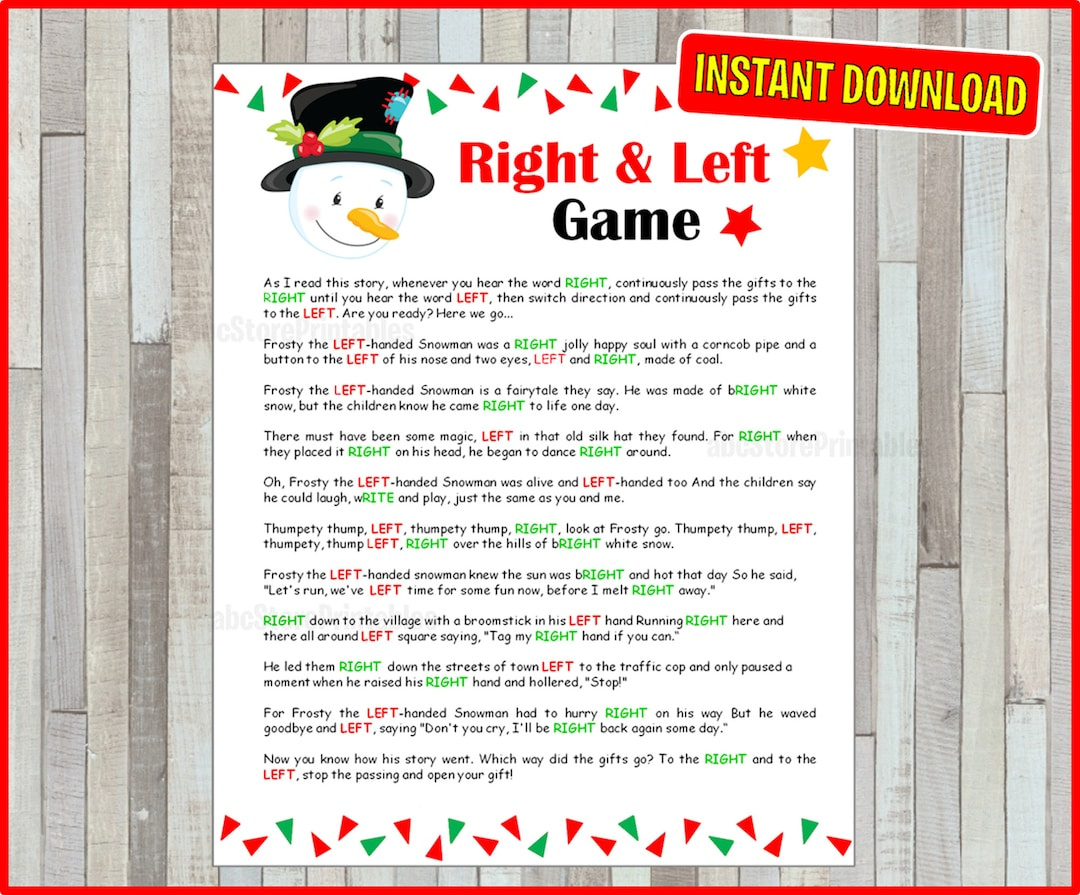 Right And Left Frosty The Snowman Game, White Elephant Game in Printable Snowman Story