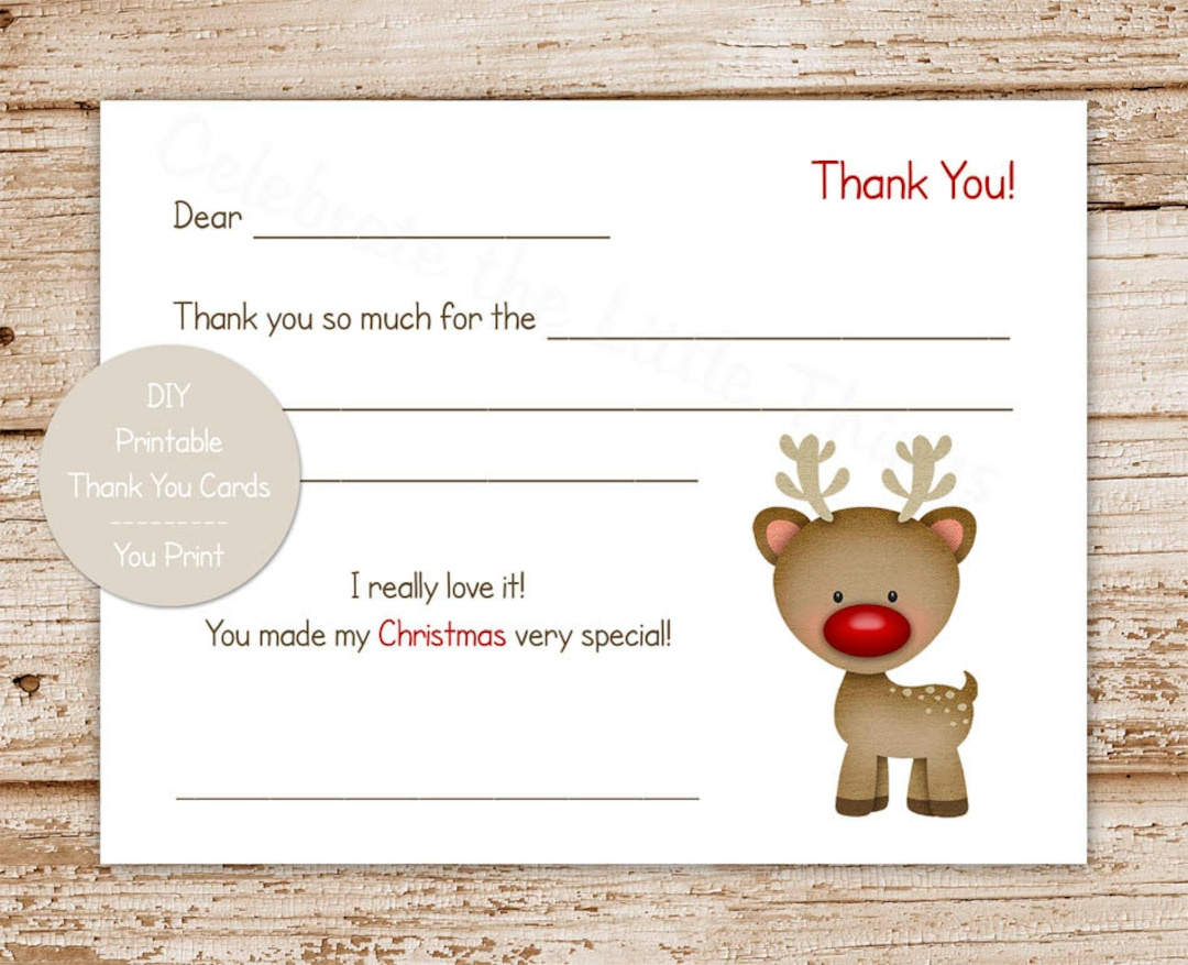 Rudolph Christmas Thank You Cards For Kids (Printable Pdf) - Etsy with regard to Thank You Card Christmas Printable
