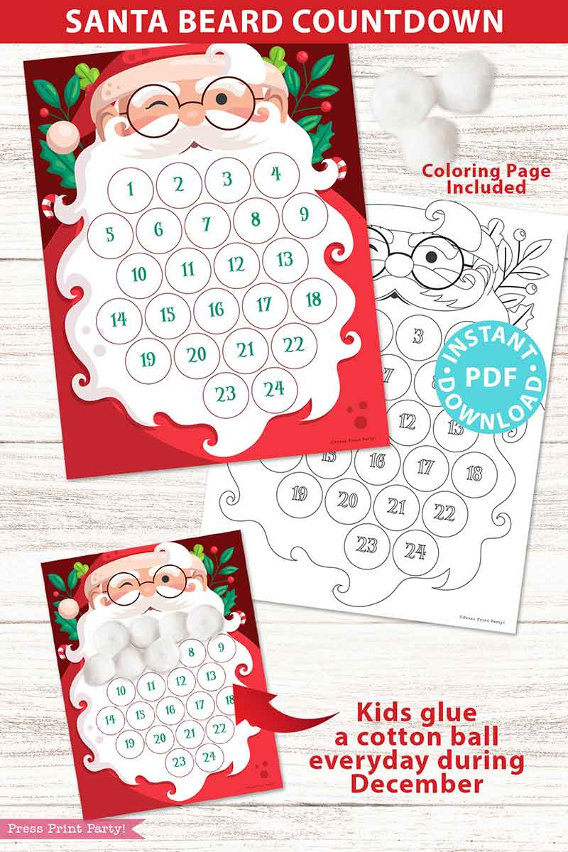 Santa Beard Countdown Christmas Advent Calendar - Press Print Party! within Santa Beard Race Printable