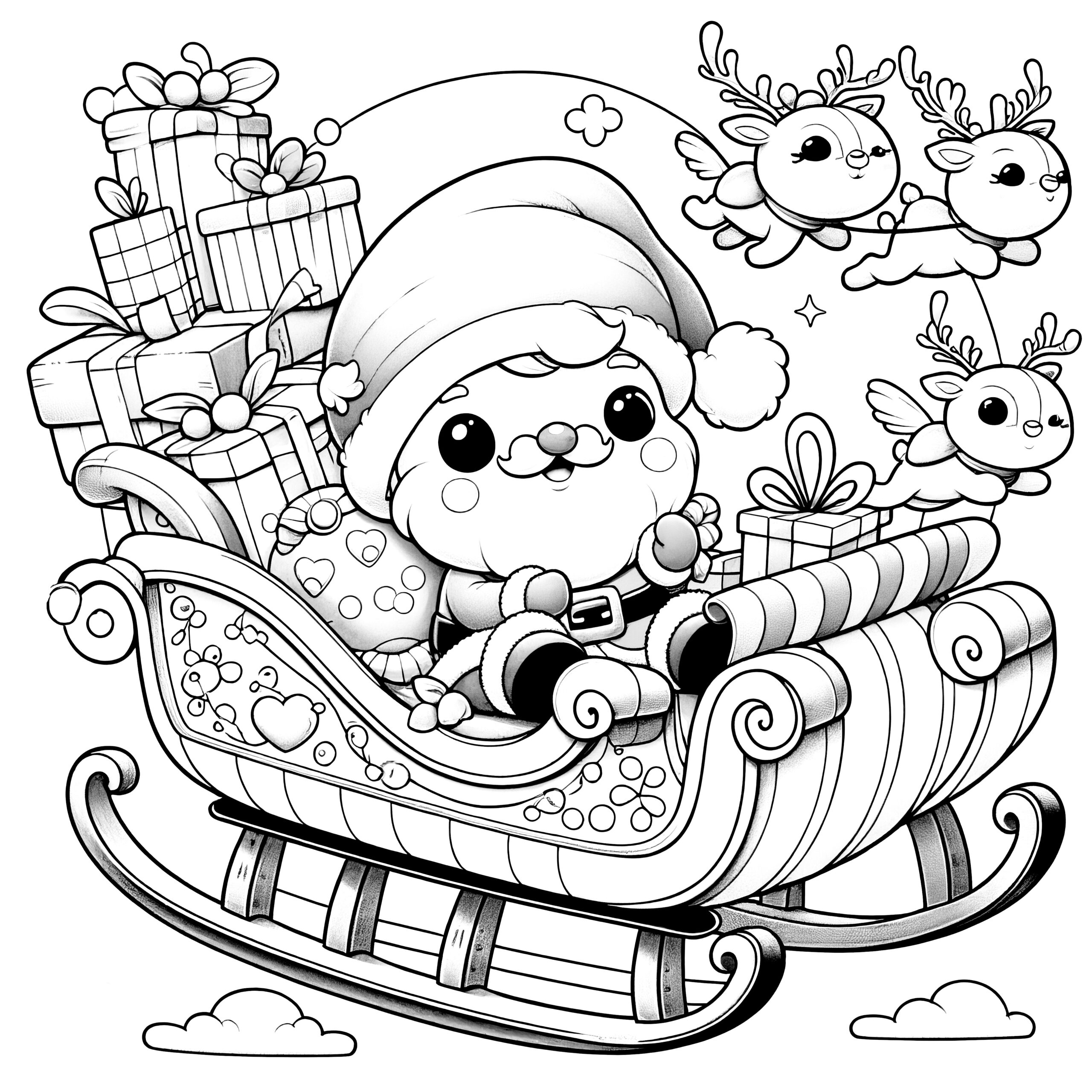 Santa Claus With Sleigh, Reindeer & Gifts: Coloring Page within Santa Reindeer Sleigh Printable