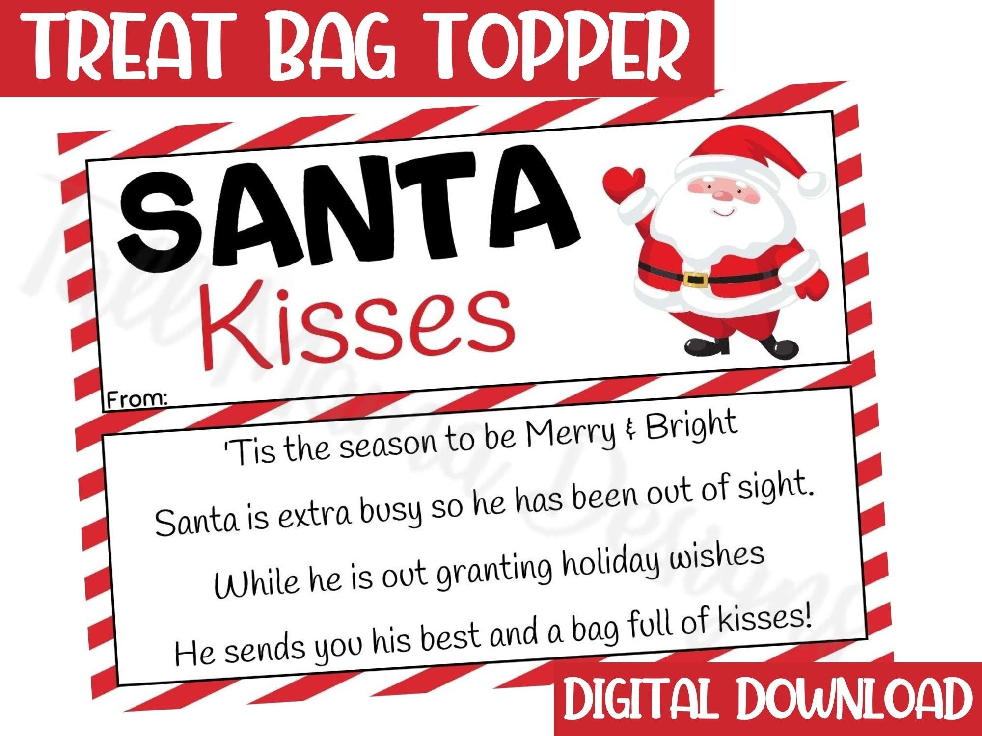 Santa Kisses Treat Bag Christmas Toppers, Printable Christmas in Santa Treat Bag Template Printable