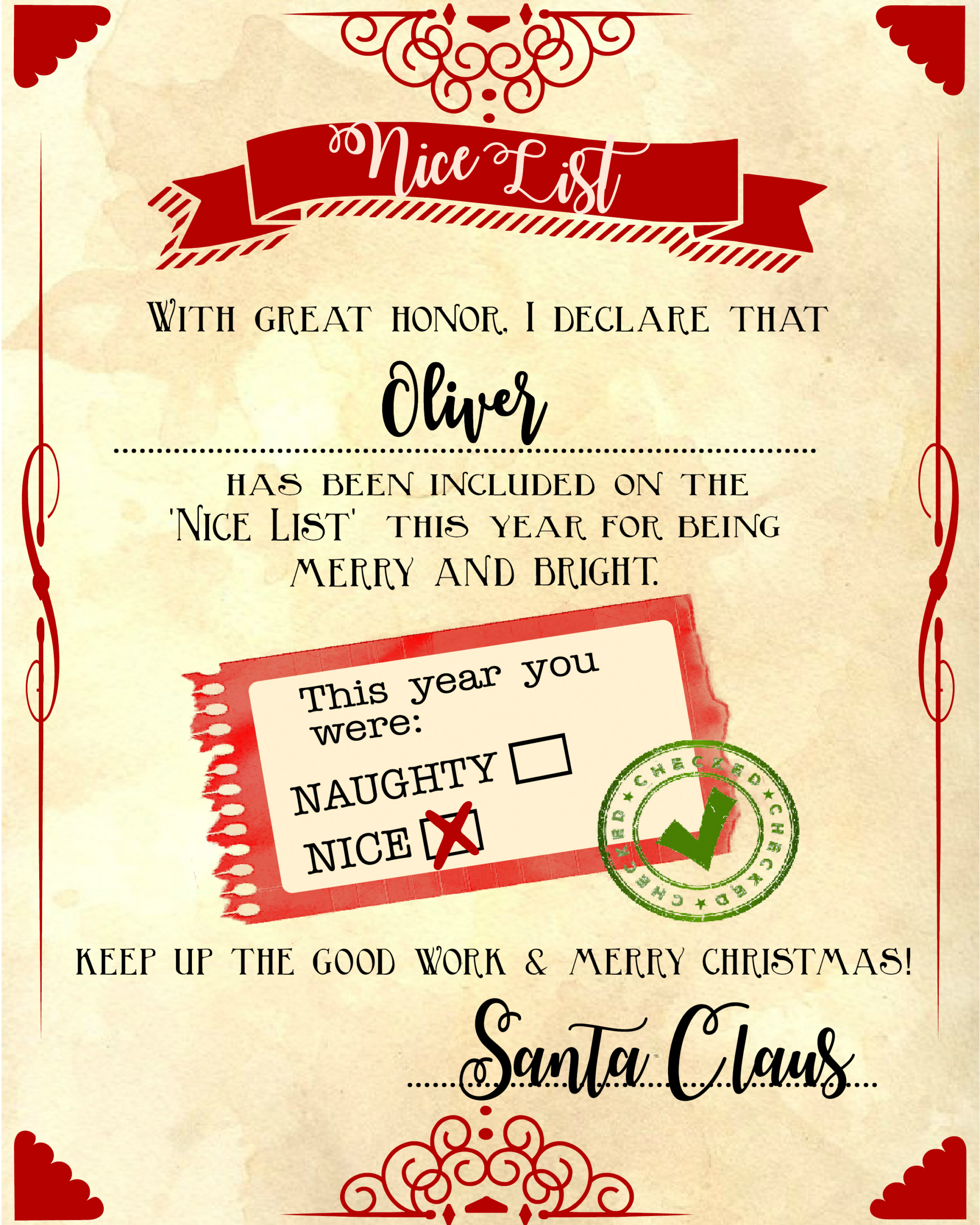 Santa "Nice List" Free Printable Certificate regarding Naughty Or Nice List Printable