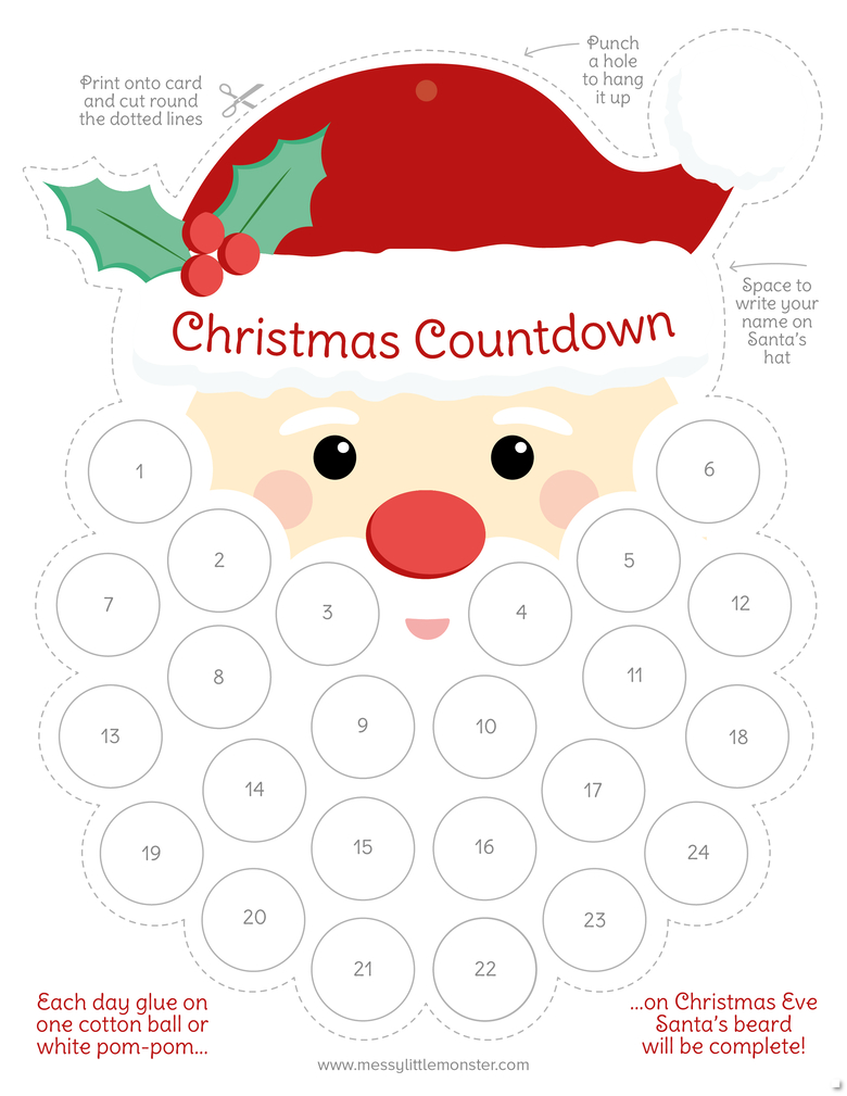 Santa&amp;#039;S Beard Christmas Countdown Printable - Messy Little Monster in Printable Santa Christmas Countdown