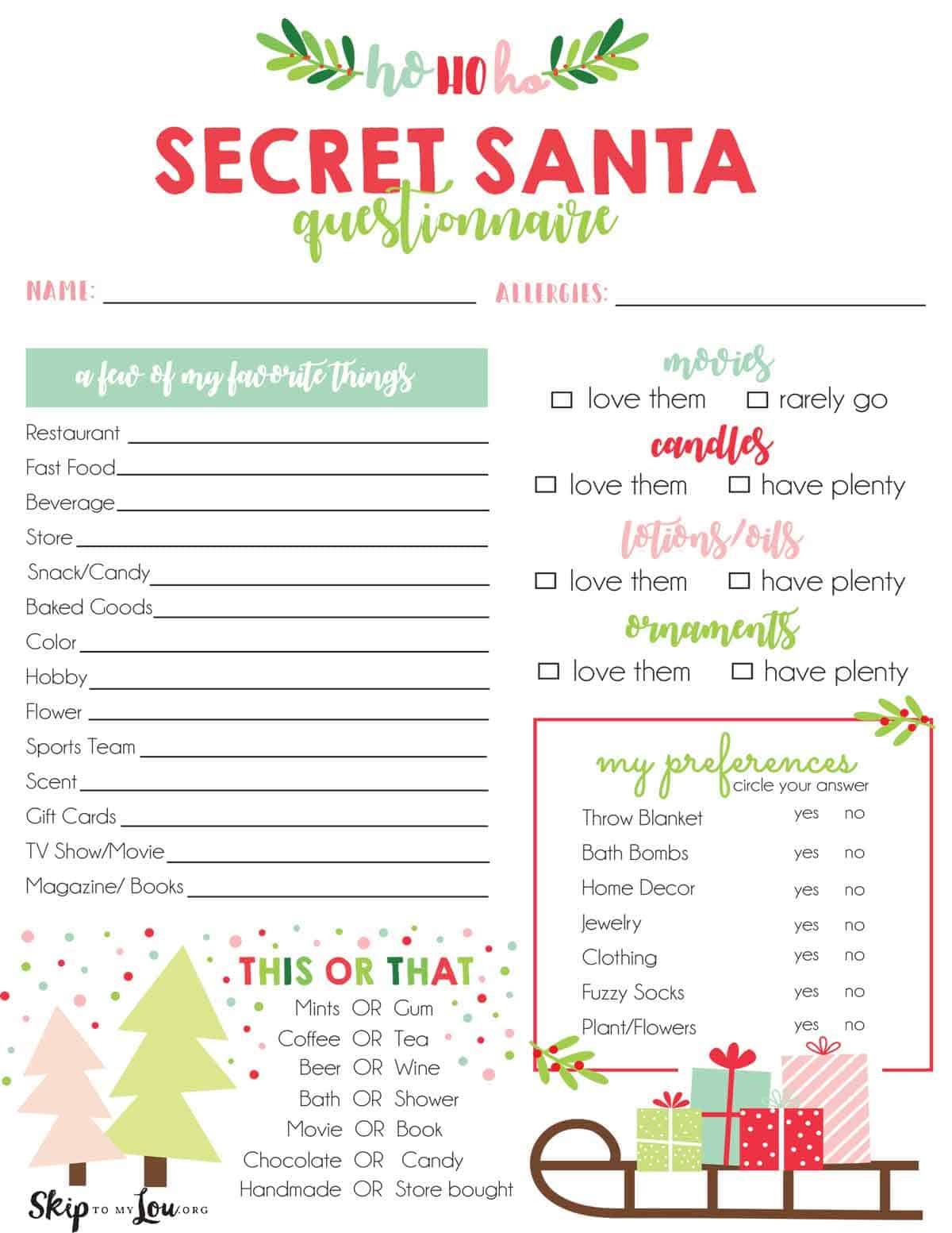 Secret Santa Questionnaire | Skip To My Lou for Christmas Gift Exchange Questionnaire Printable
