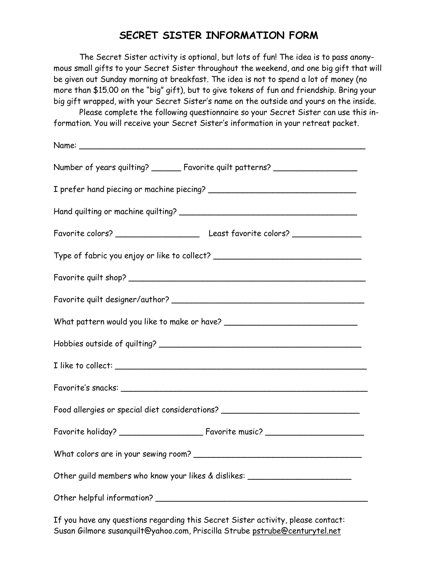 Secret Sister Form ≡ Fill Out Printable Pdf Forms Online intended for Free Printable Secret Sister Forms