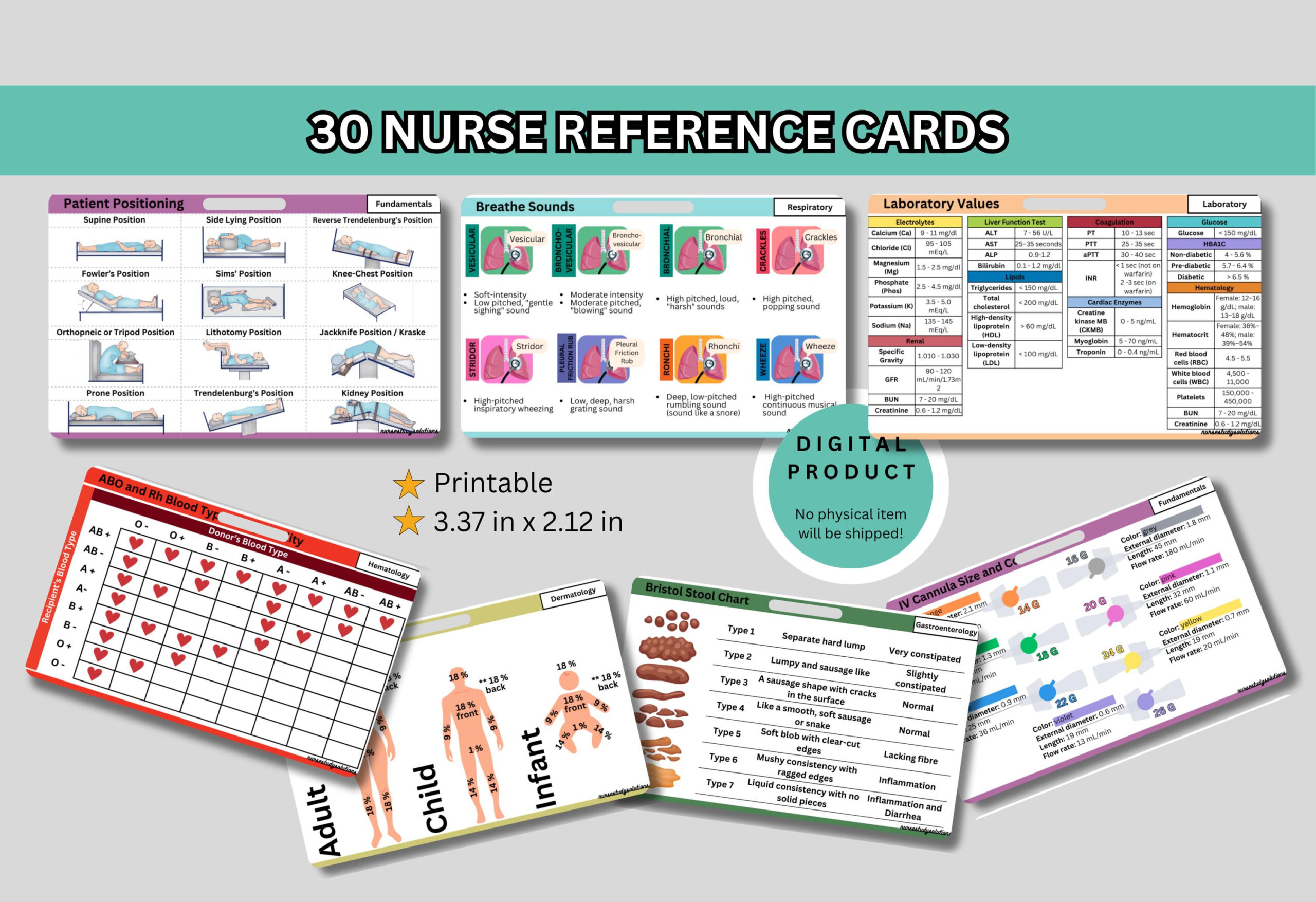Set Of 30 Complete Nurse Reference Badge Card Pack Rn Pocket Cards with Free Printable Nursing Reference Cards
