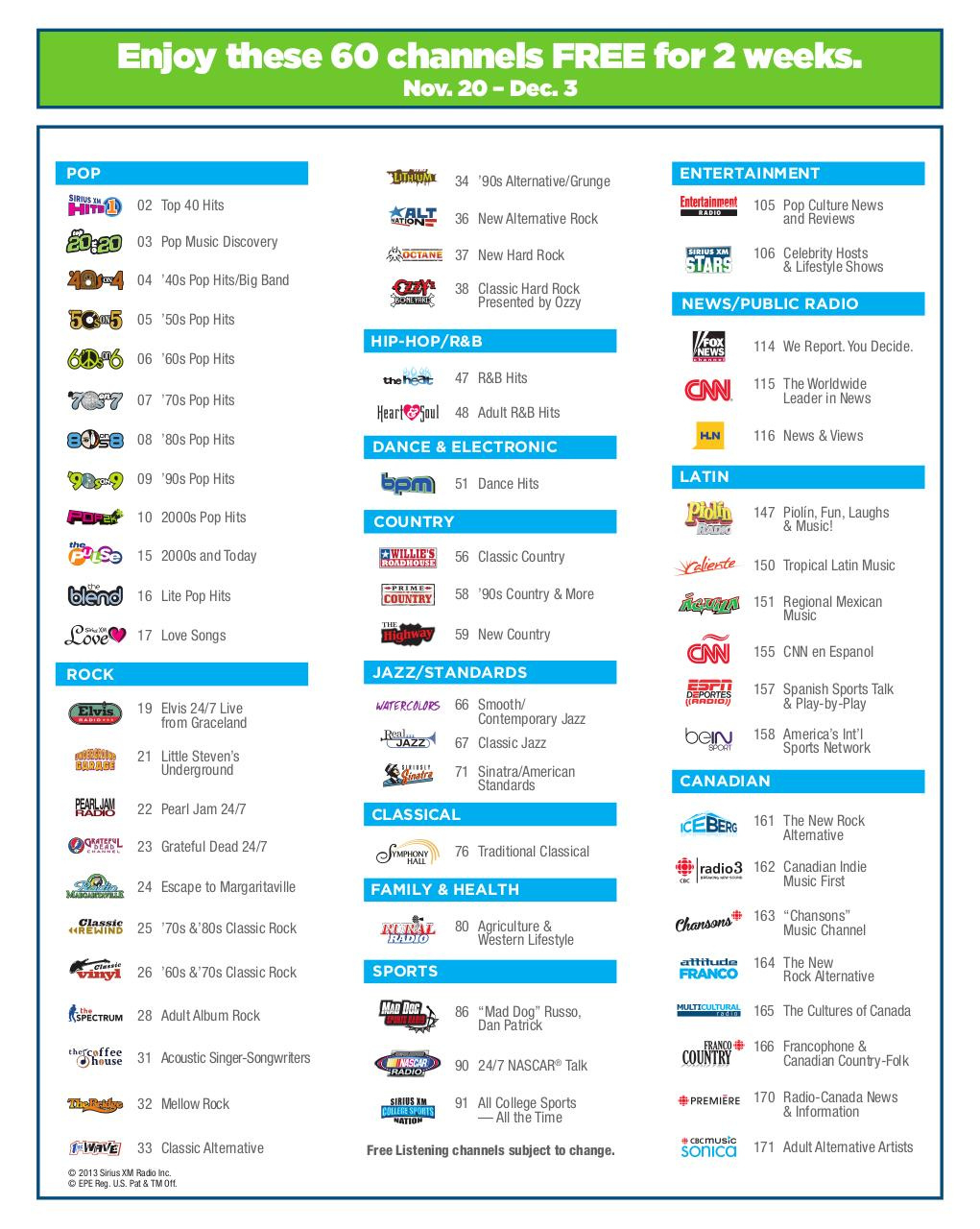 Sirius Satellite Radio Channel Guide Printable - Printable Party throughout Siriusxm Christmas Channels List Printable