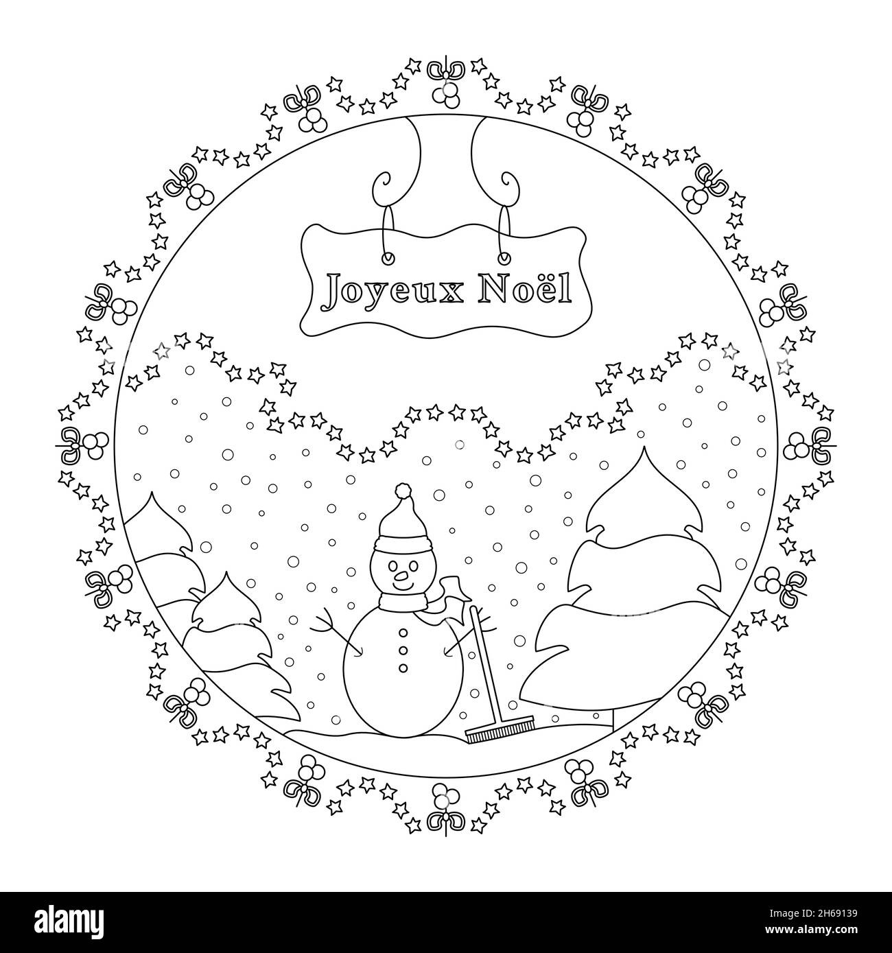 Snowman And Tree. Snow Falling. Winter Decor. Christmas Mandala throughout French Christmas Colouring Worksheets