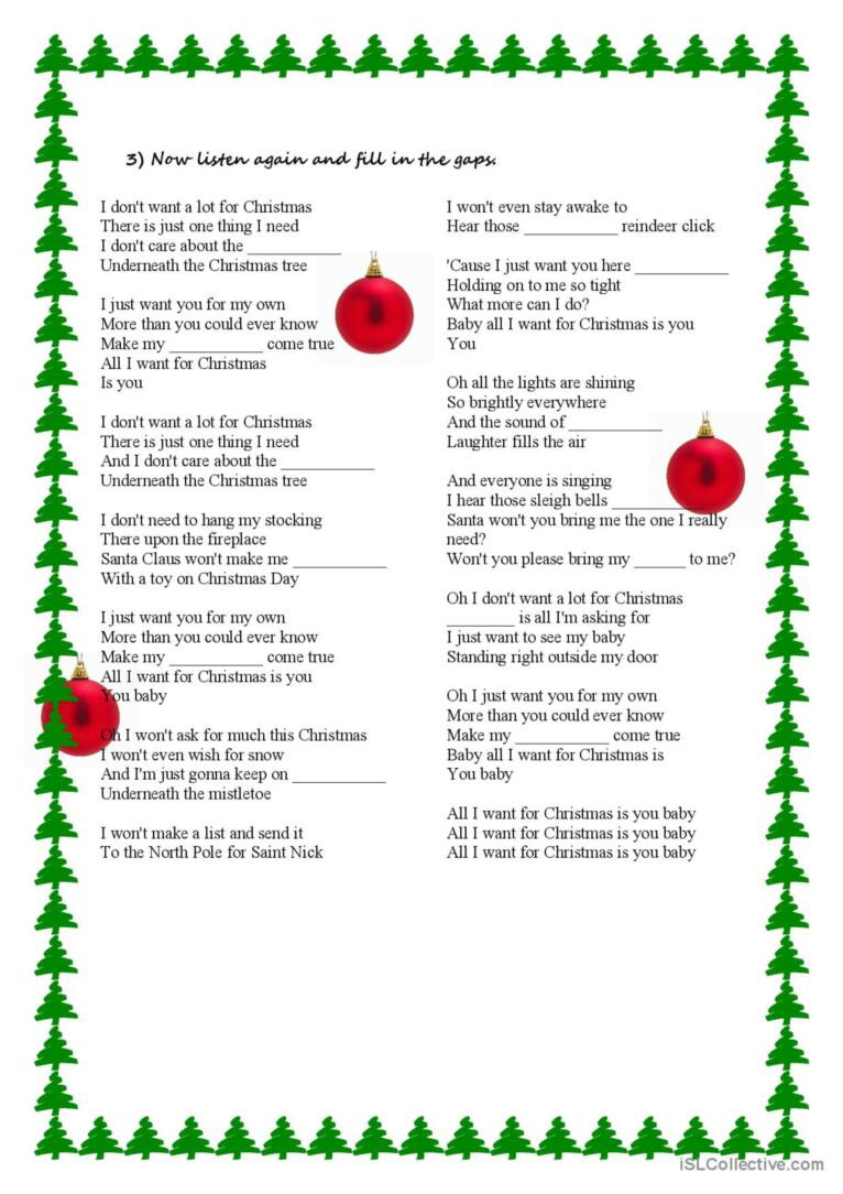 Song Activity - All I Want For Chris…: English Esl Worksheets Pdf throughout All I Want For Christmas Is You Lyrics Printable
