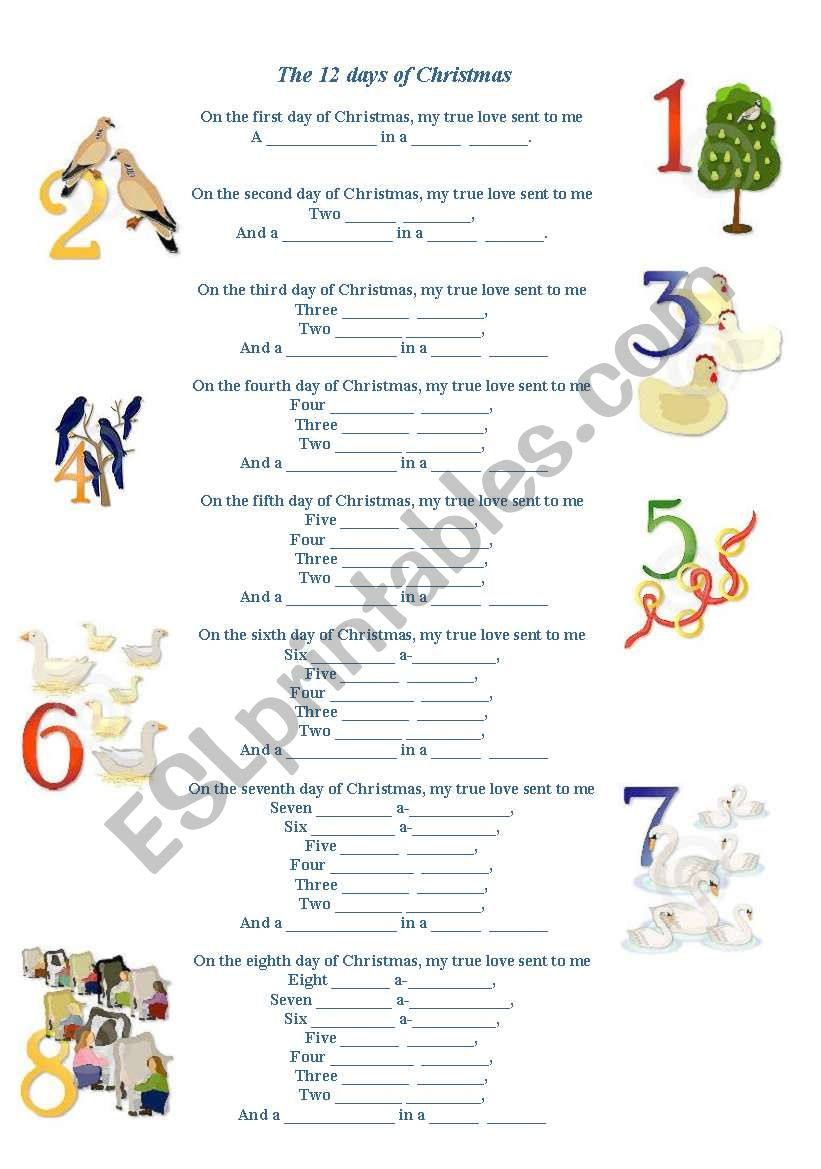 Song The Twelve Days Of Christmas - Esl Worksheetnickhk with regard to 12 Days of Christmas Worksheet