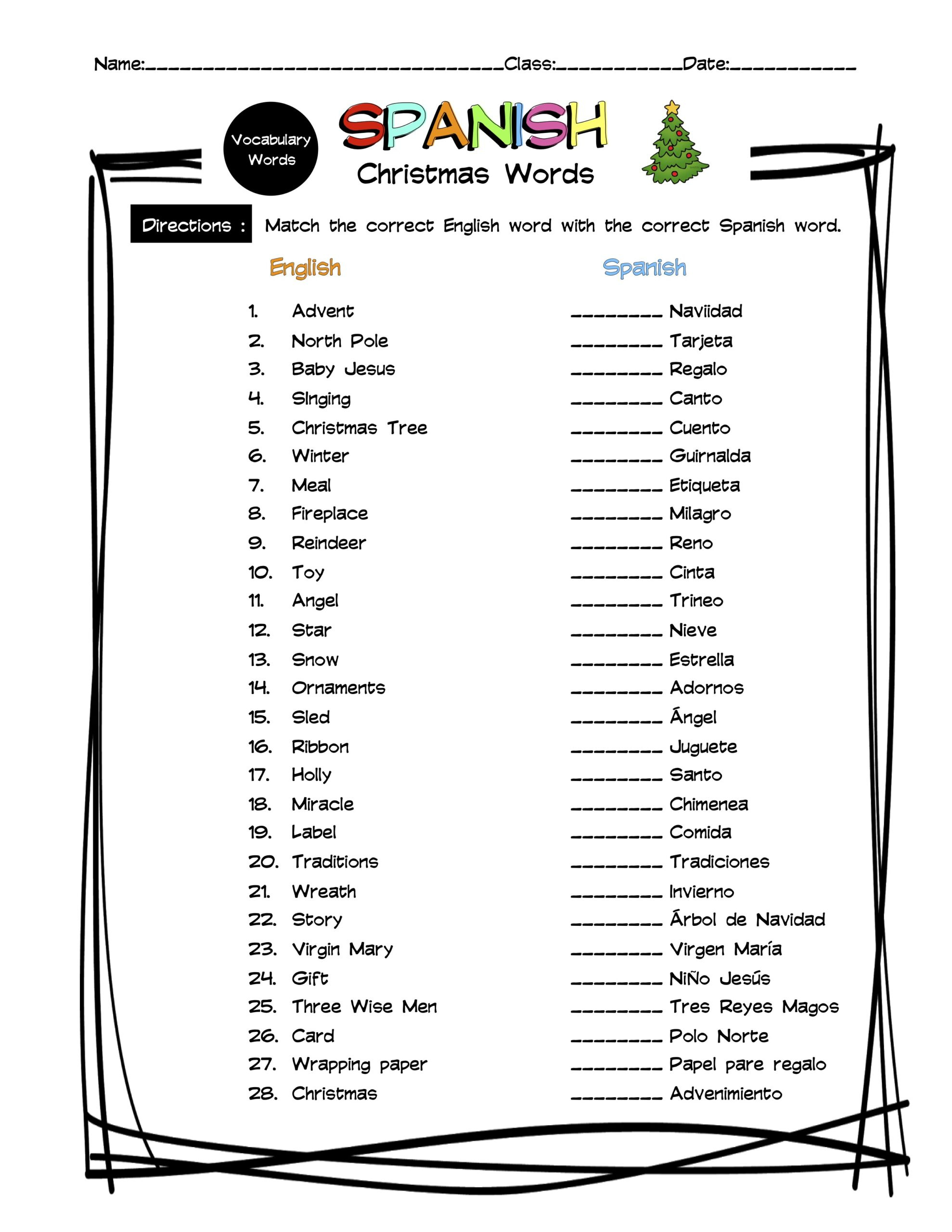 Spanish Christmas Vocabulary Matching Worksheet & Answer Key for Spanish Christmas Worksheets